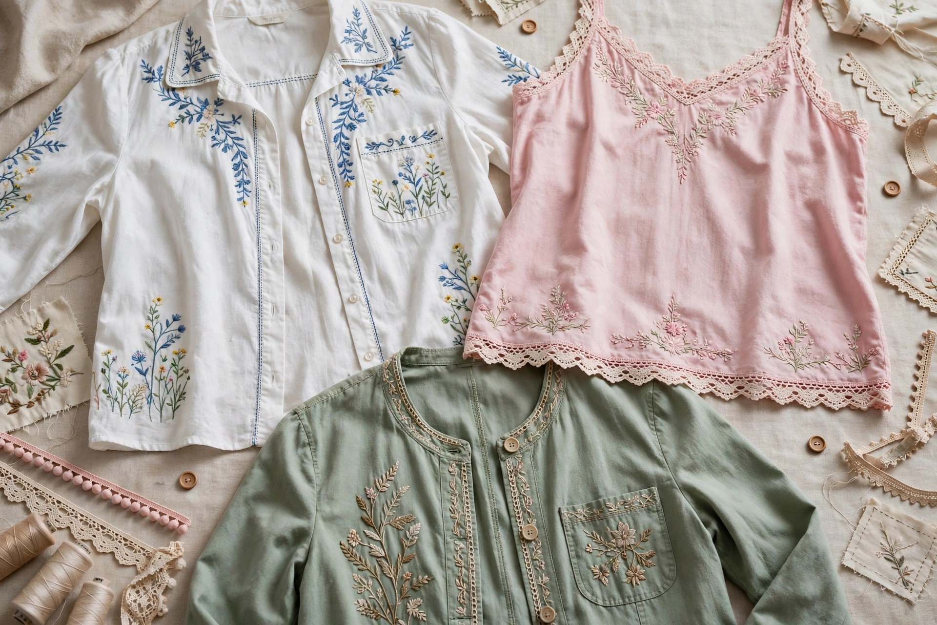 Women's garments on a studio rail and folded on a table: embroidered tops, dresses, skirts and trousers in cotton fabrics, product photography with no people