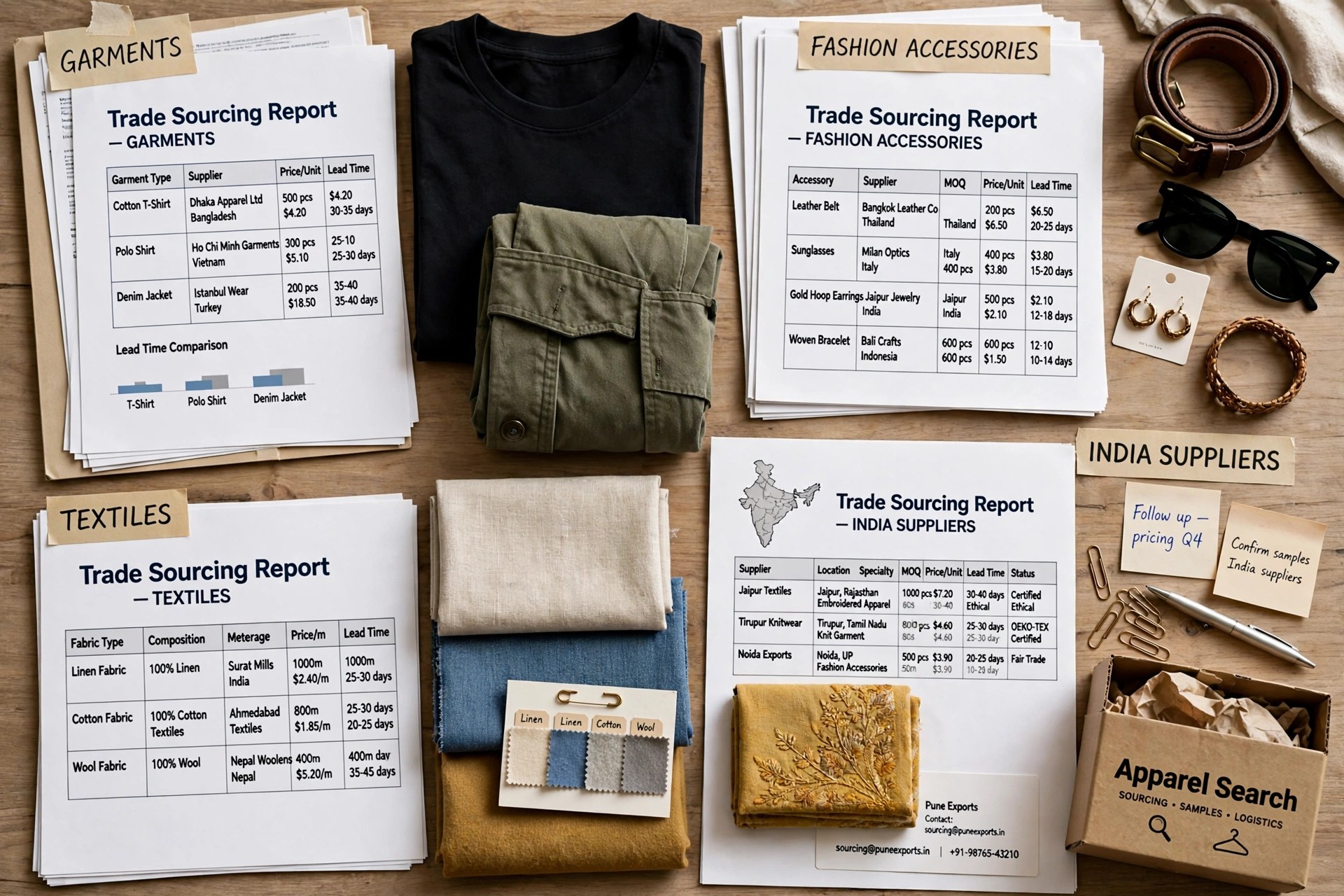 Trade sourcing reports for garments, fashion accessories, textiles and India suppliers arranged on a studio desk beside folded garments and fabric, product photography with no people