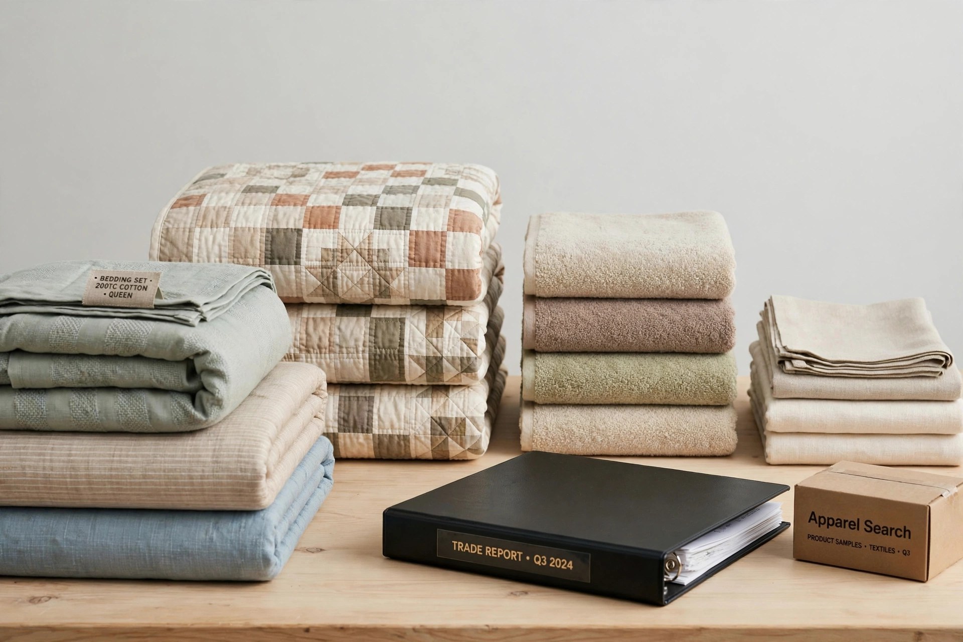 Folded home textiles in neat stacks: bedding sets, patchwork quilts, towels, table linen and drapery fabric on a studio table, product photography with no people