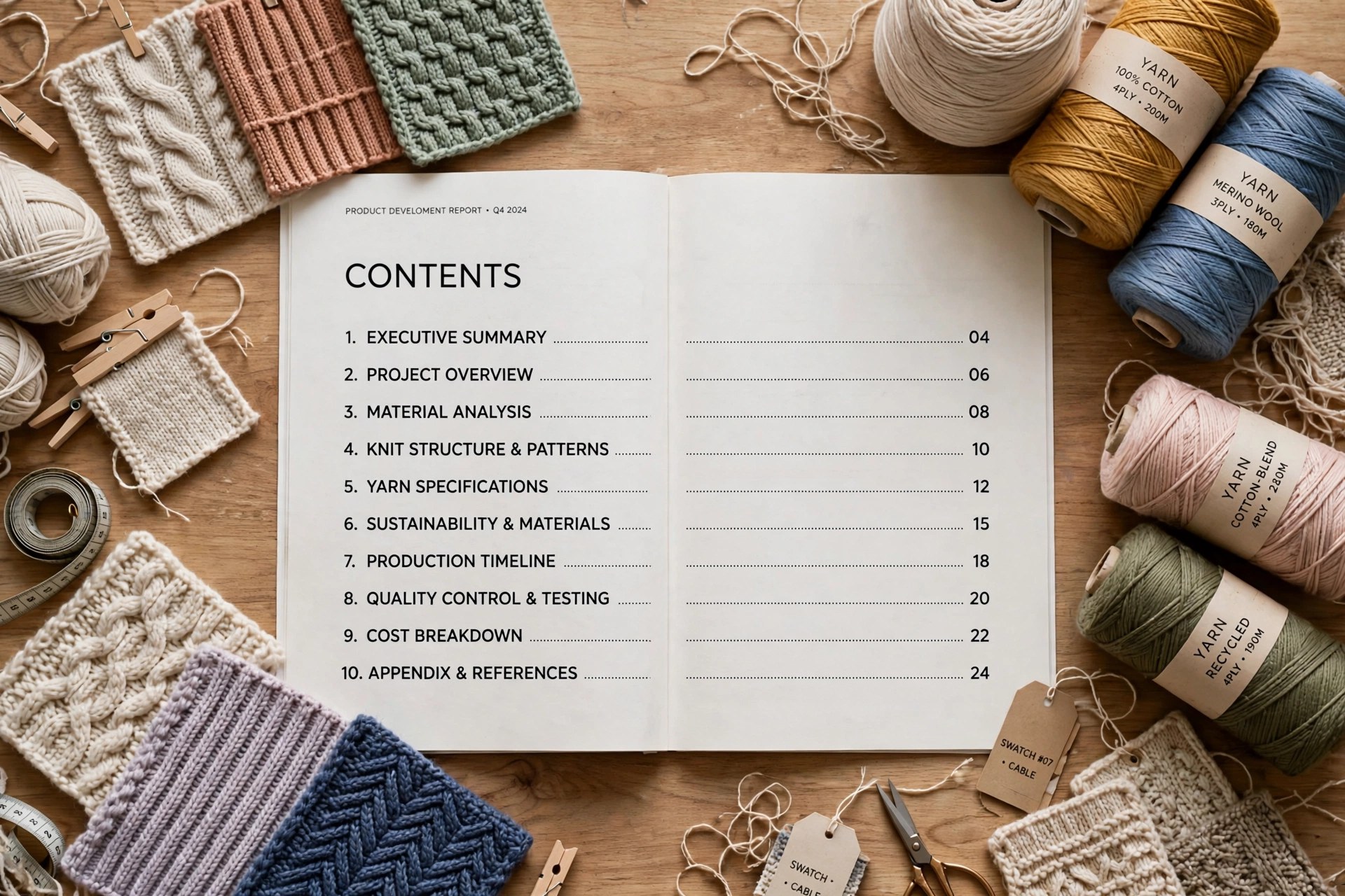 Rolls and folded lengths of knitted fabric in jersey, rib, tricot and raschel constructions with fabric swatches on a studio table, product photography with no people