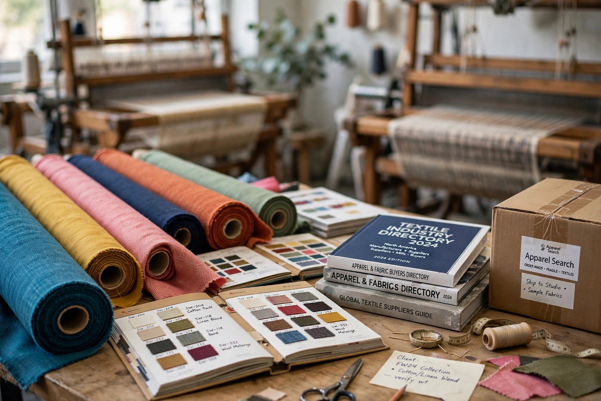 Bolts and rolls of colorful fabrics and textile swatch books on a work table beside printed textile industry directories, with weaving looms softly blurred in the background and a small Apparel Search sign on a shipping carton