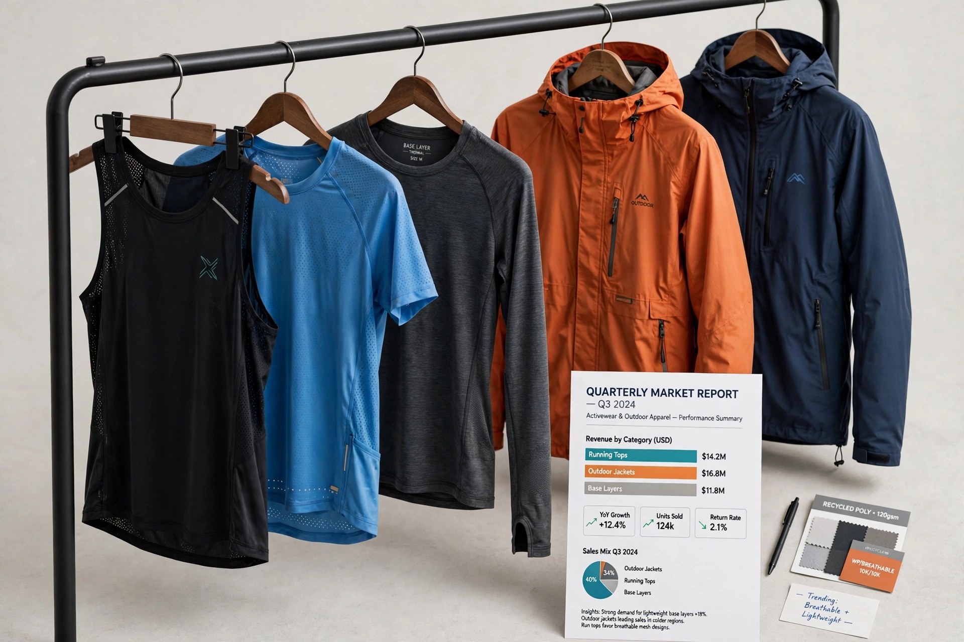 Performance activewear garments — running tops, outdoor jackets and base layers — displayed on a studio rail beside a quarterly market report, product photography with no people