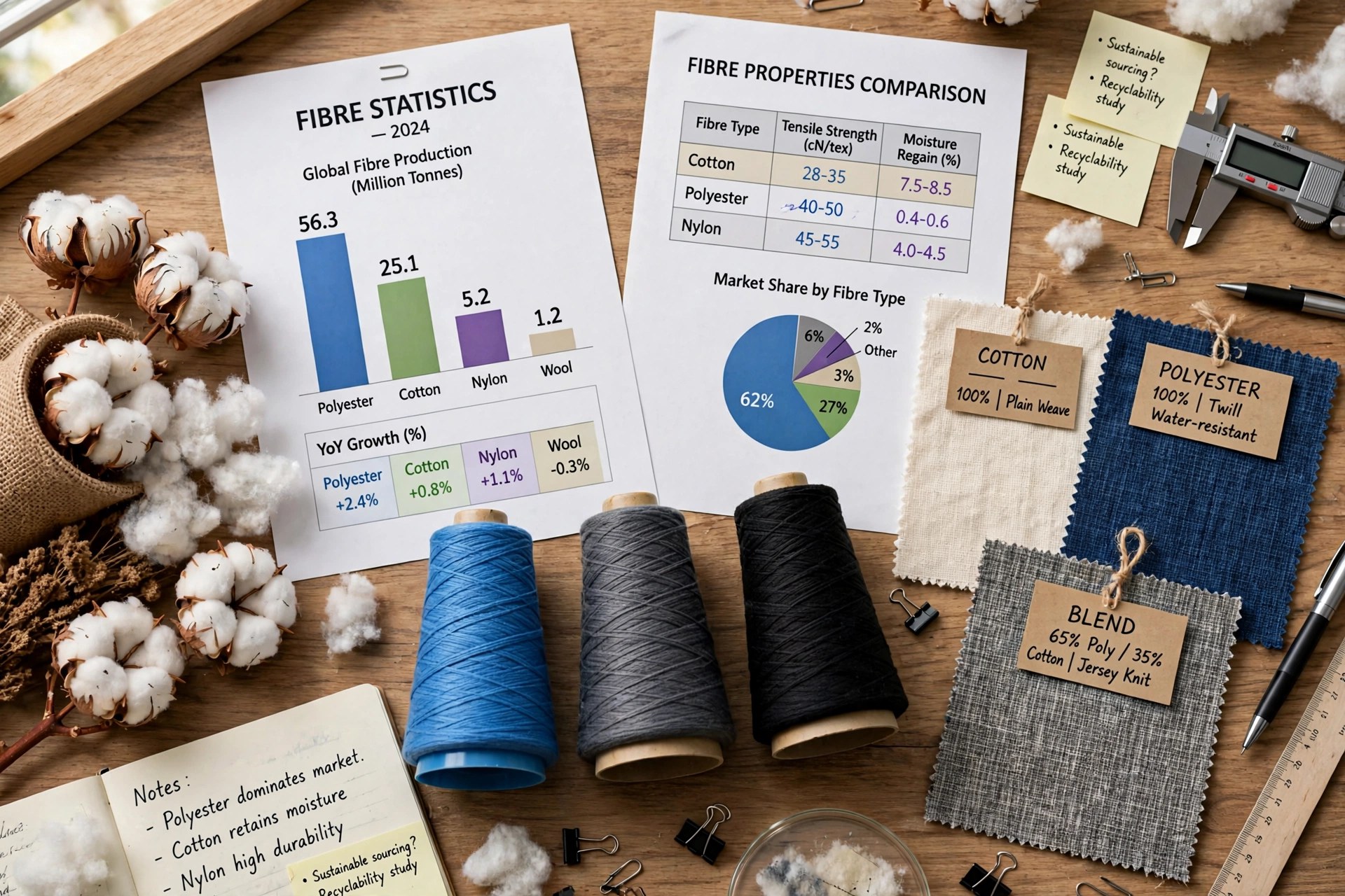 Fibre statistics on a research desk: printed charts beside cotton bolls, synthetic yarn cones and fabric samples, product photography with no people
