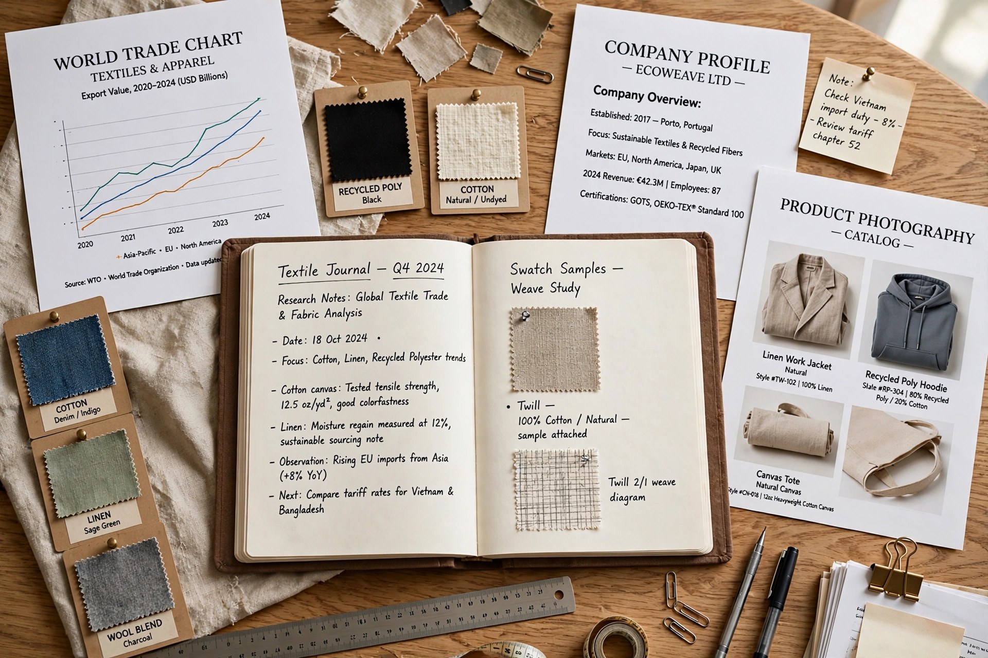 A textile journal on a research desk with world trade charts, fabric swatches and company profile pages, product photography with no people