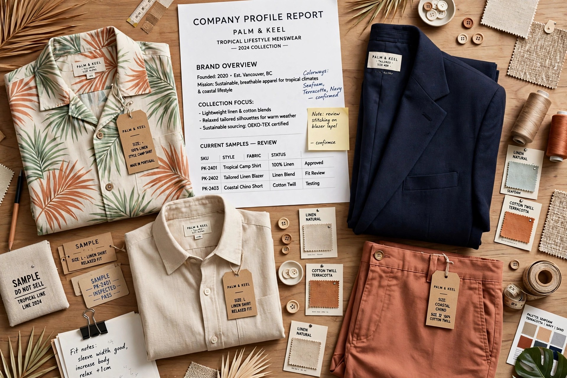 Branded menswear and tropical lifestyle apparel samples, shirts and tailored pieces, on a research desk with a company profile report, product photography with no people