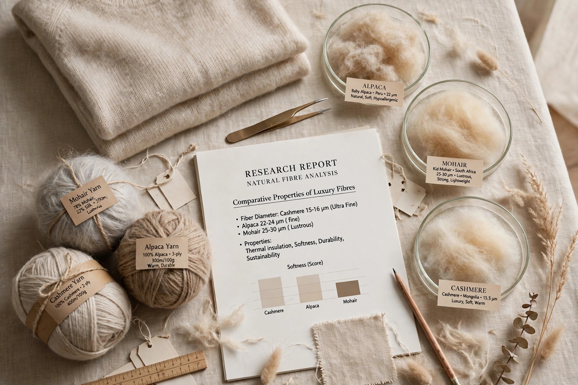 Luxury natural fibres and yarns — soft cashmere knitwear, mohair yarn and alpaca fibre samples — arranged on a studio table with a research report, product photography with no people