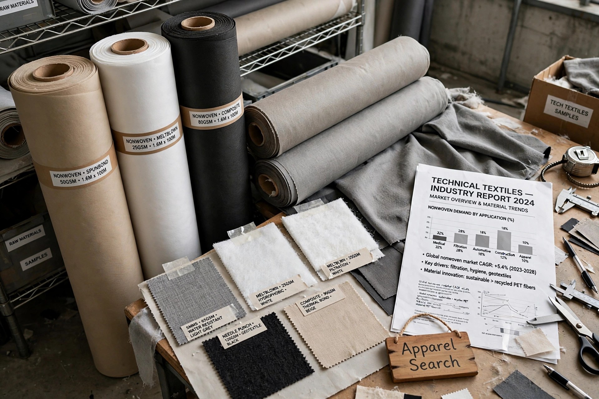 Nonwoven fabric rolls and technical textile samples in an industrial studio setting with a printed industry report, product photography with no people