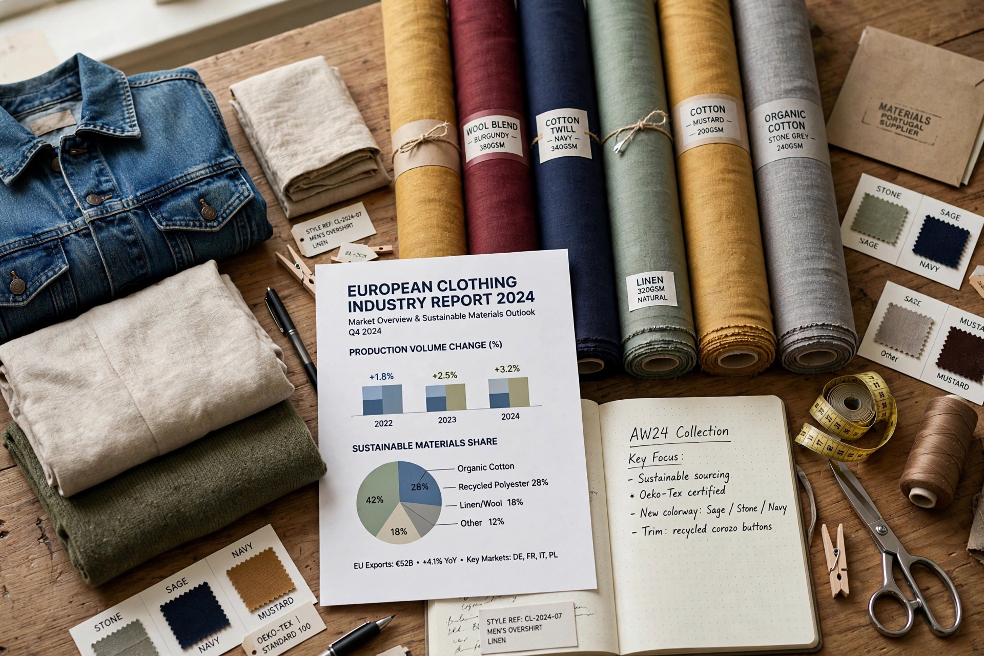 A European clothing industry desk with folded garments, fabric rolls in several colours and a printed industry report, product photography with no people