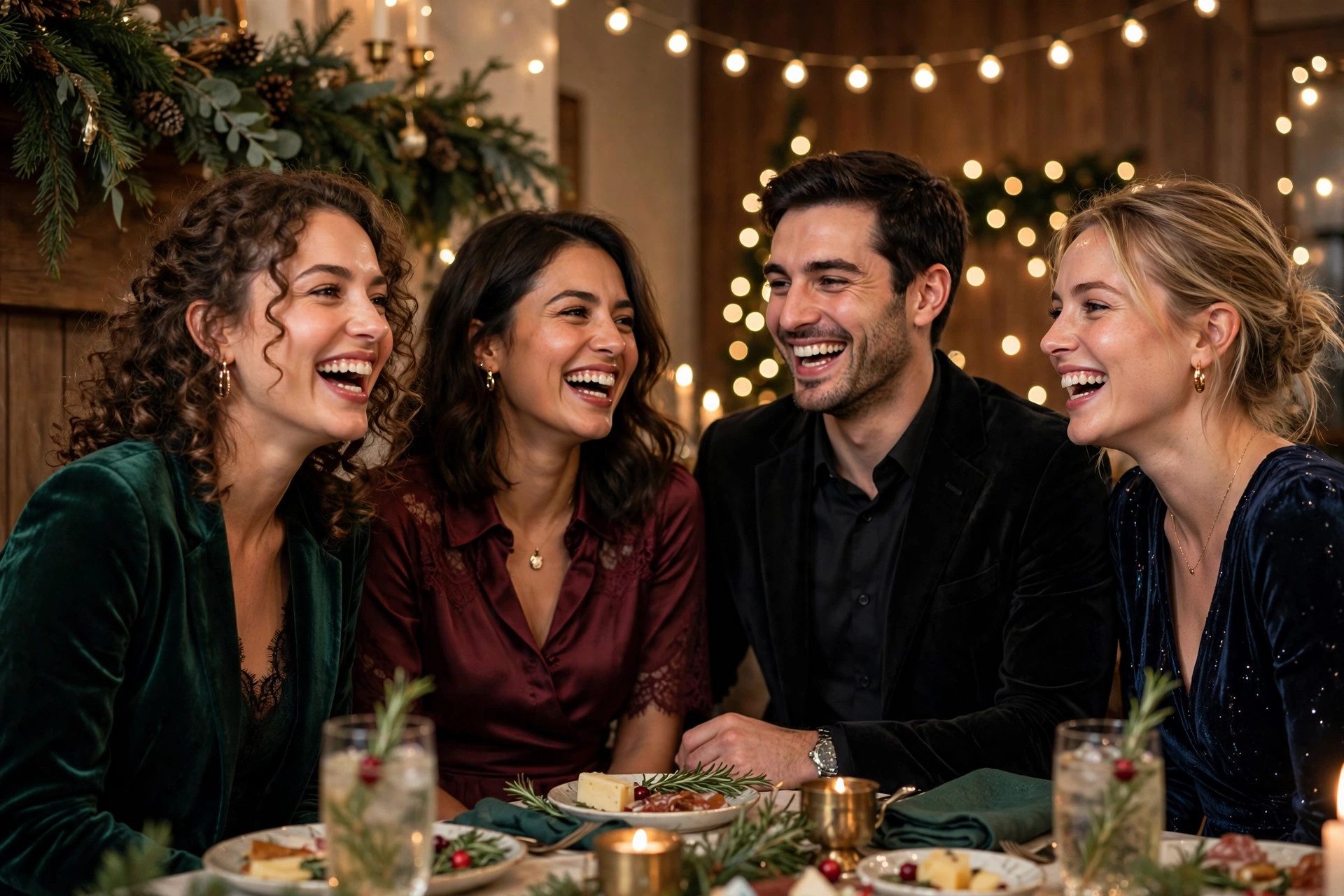 Friends laughing together at a festive holiday party