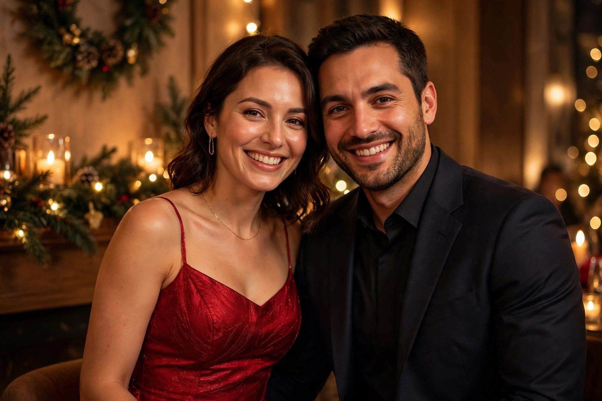 A couple dressed in festive holiday party outfits
