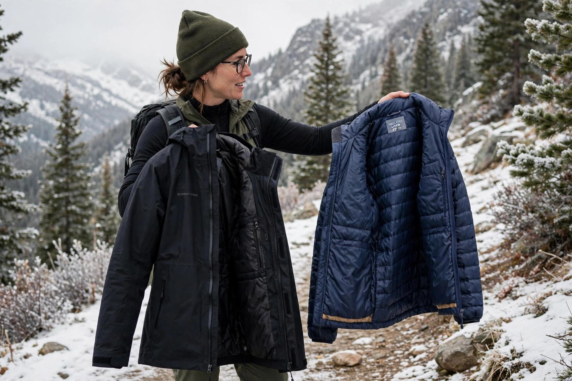 Adult outdoors demonstrating a 3-in-1 jacket system, holding the outer shell and insulated liner side by side on a winter trail