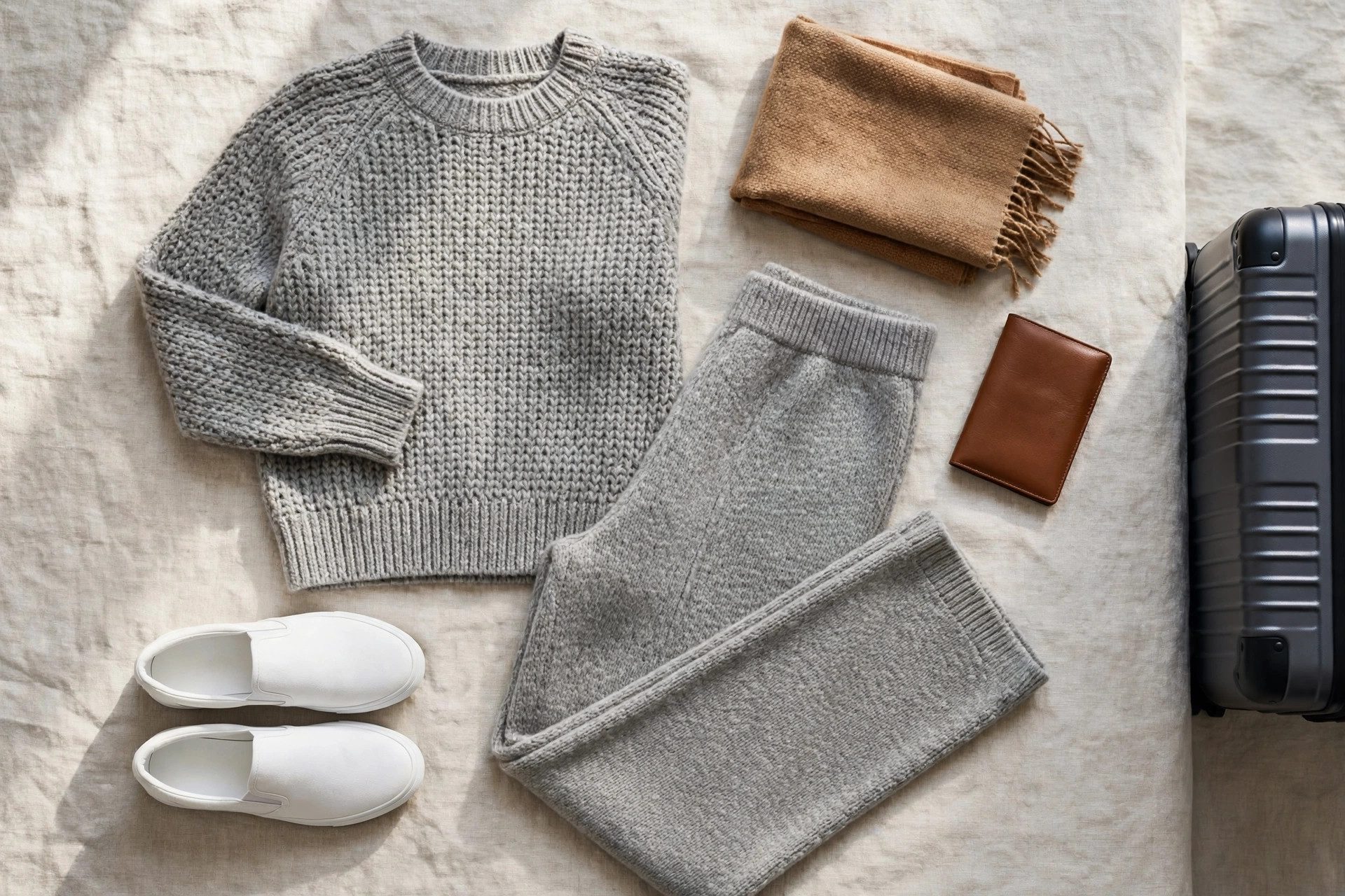 Flat lay of an airport outfit with a soft knit set, slip-on shoes, a wrap and a carry-on suitcase