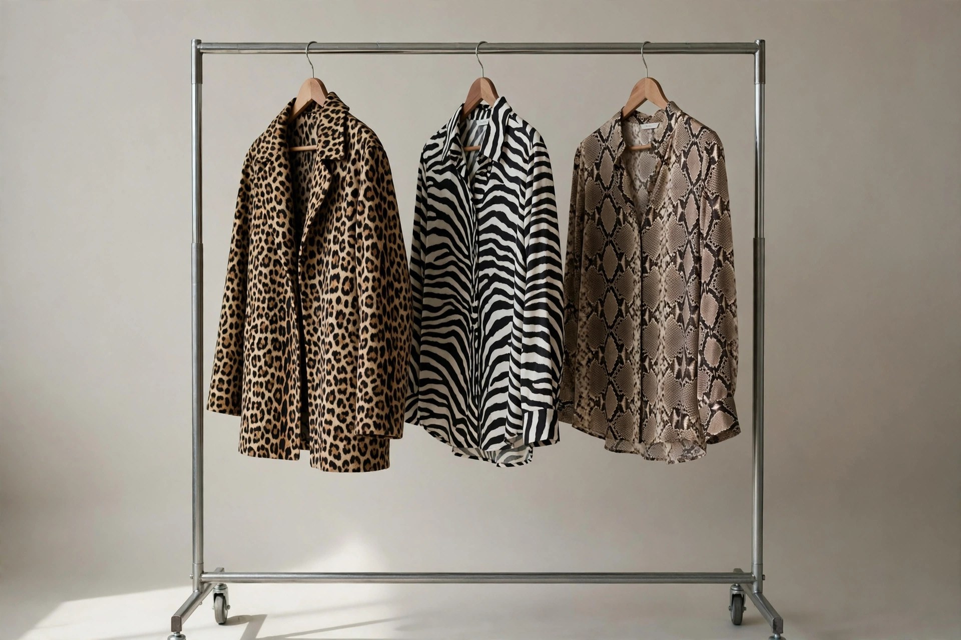 Clothing rail holding leopard, zebra and snake print garments side by side, showing the different patterns