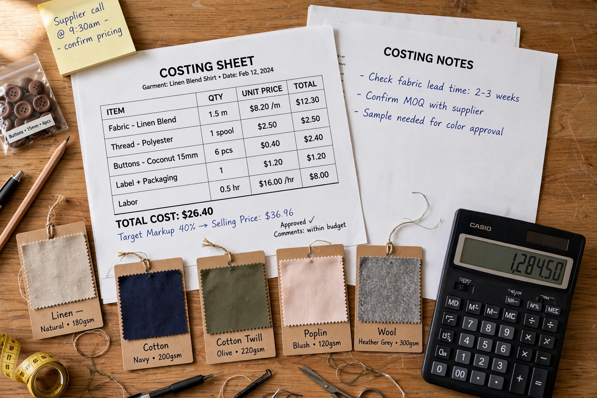 Calculator, costing sheets, and fabric swatches on a work desk