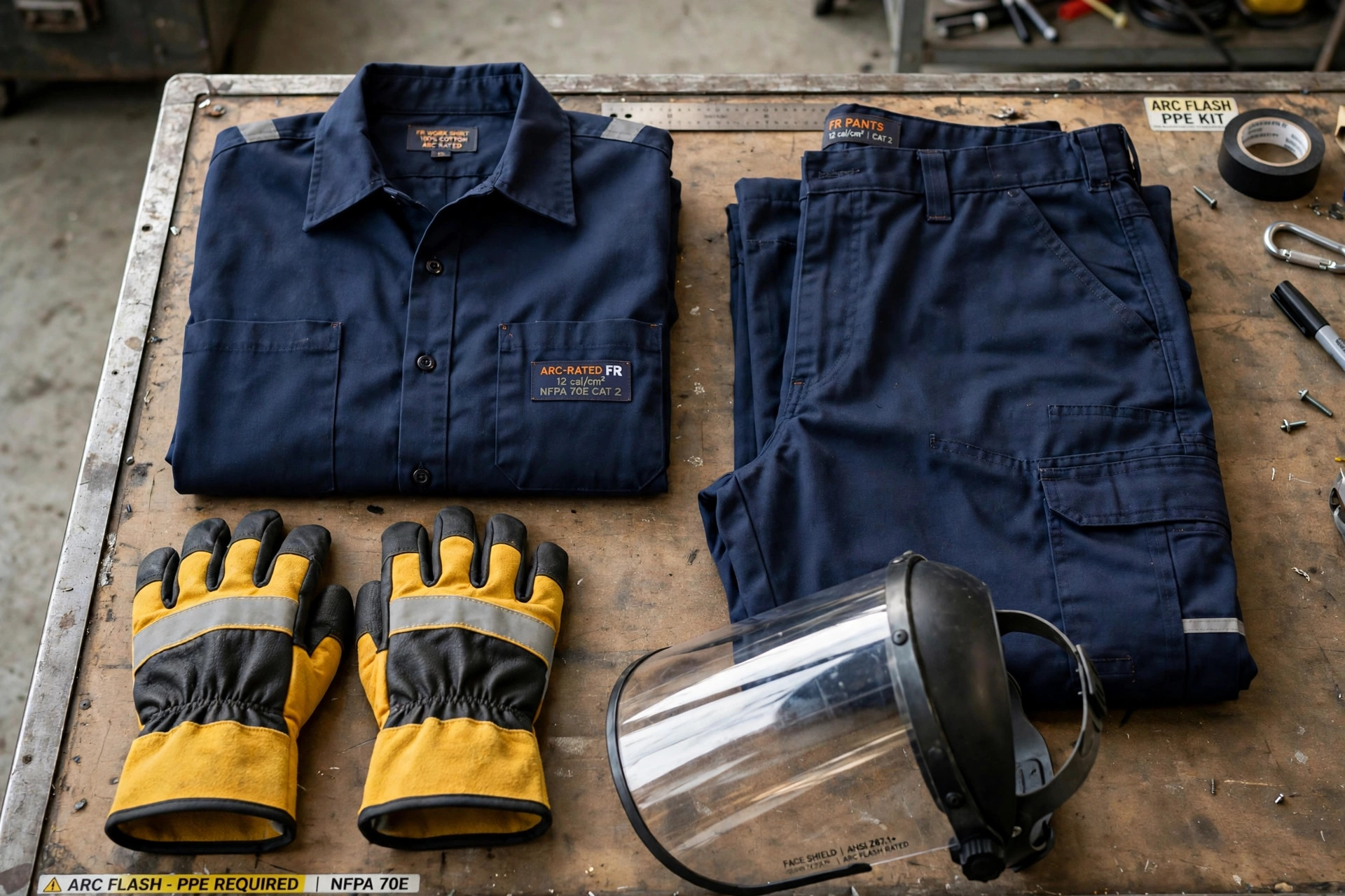 Flat lay of arc-rated flame-resistant work shirt, pants, insulated gloves and a face shield on a workbench