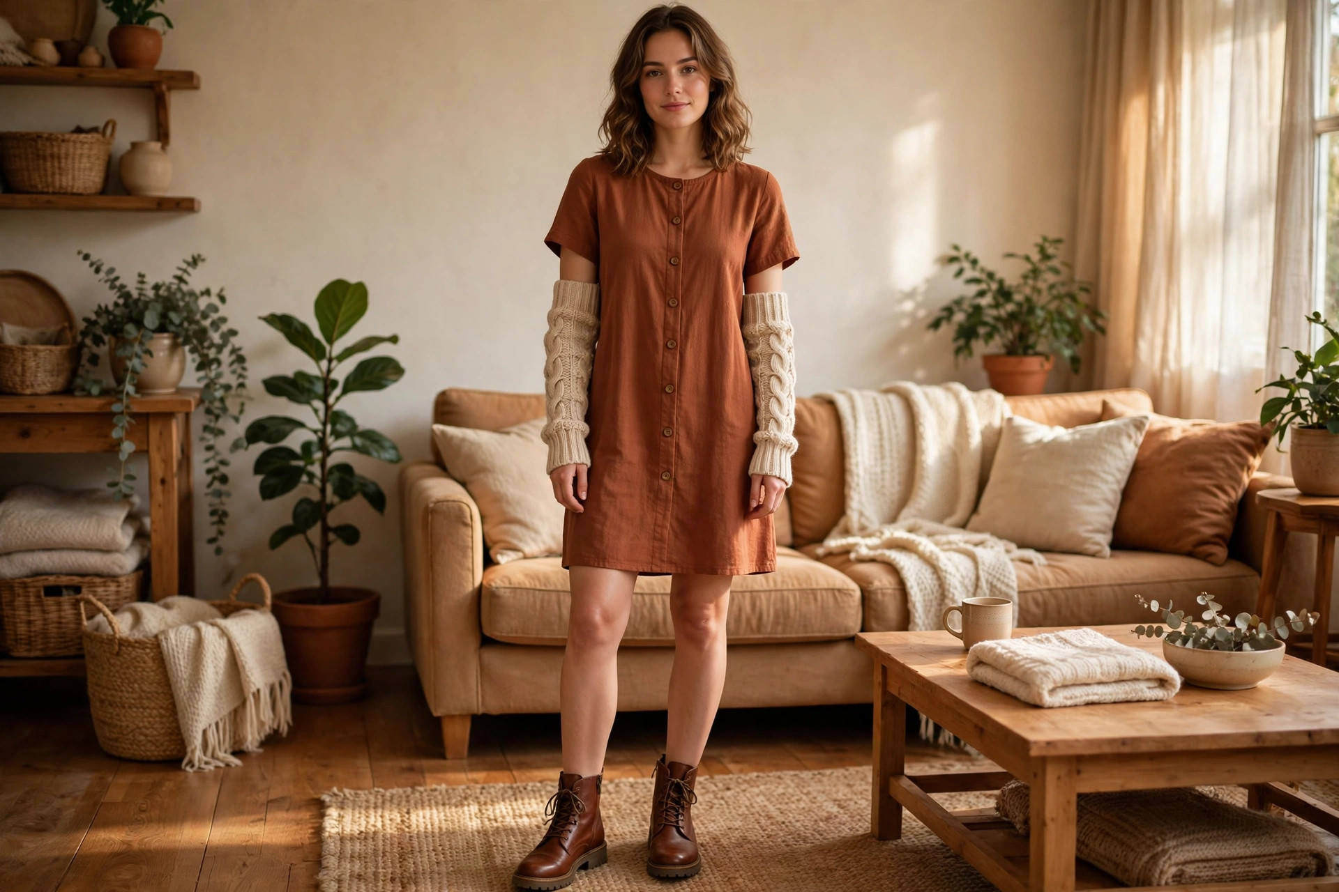 Arm warmers styled with a short-sleeve dress and boots indoors