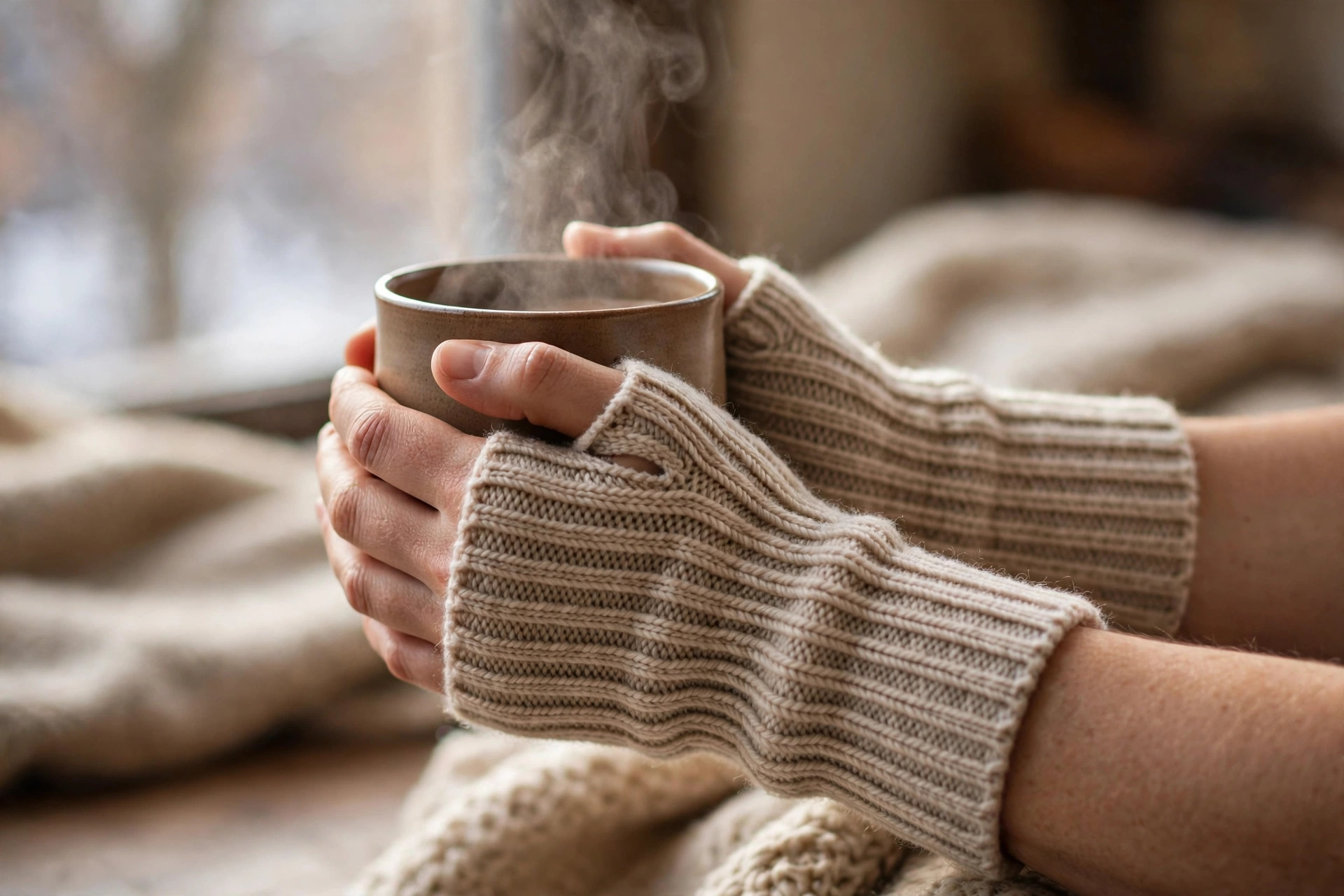 Forearms in ribbed knit arm warmers with thumb holes, hands wrapped around a warm mug