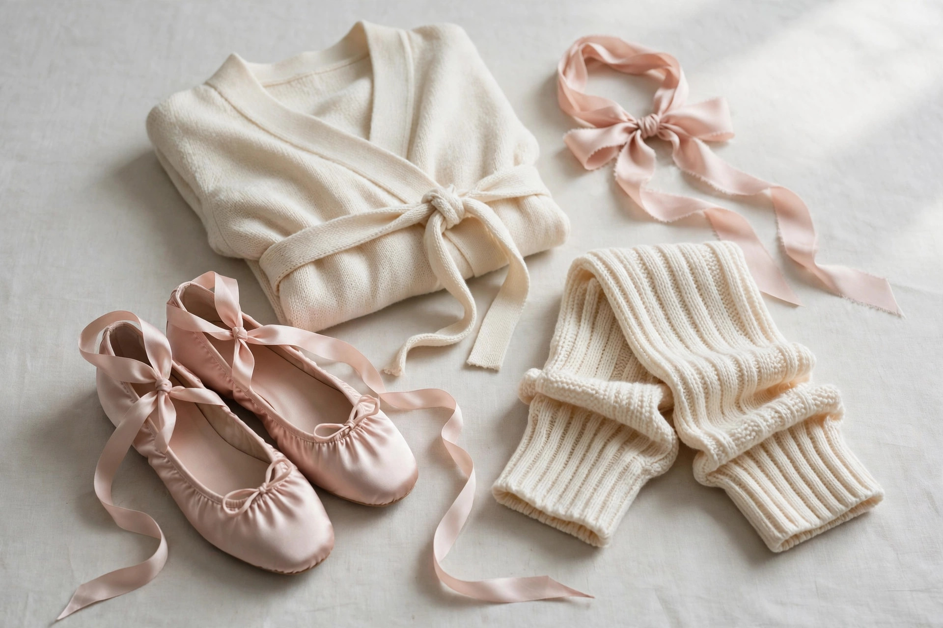 Balletcore accessories arranged on a pale studio floor: satin ballet flats with ribbons, knitted leg warmers, a wrap cardigan and a hair ribbon in blush pink and cream