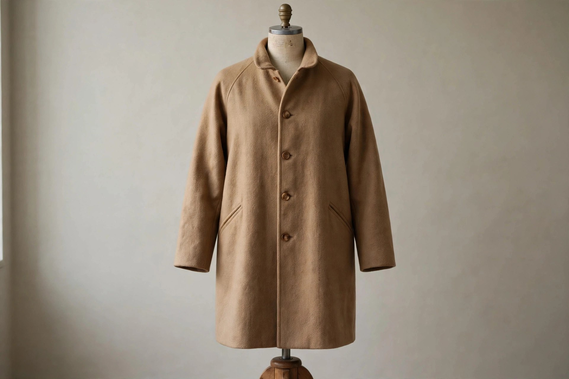 Camel Balmacaan coat with raglan sleeves on a dress form