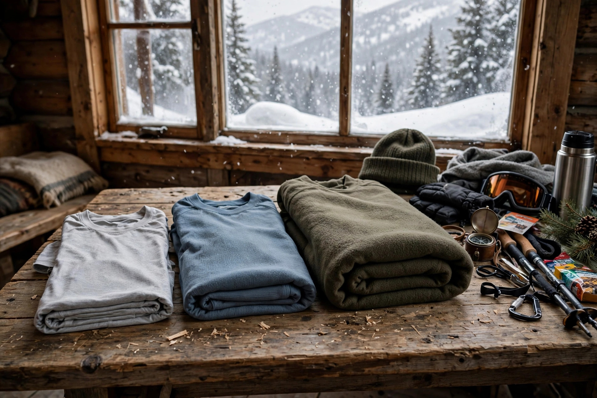 Three folded base layer tops of different thicknesses on a cabin table beside winter gear, with snow visible through a window