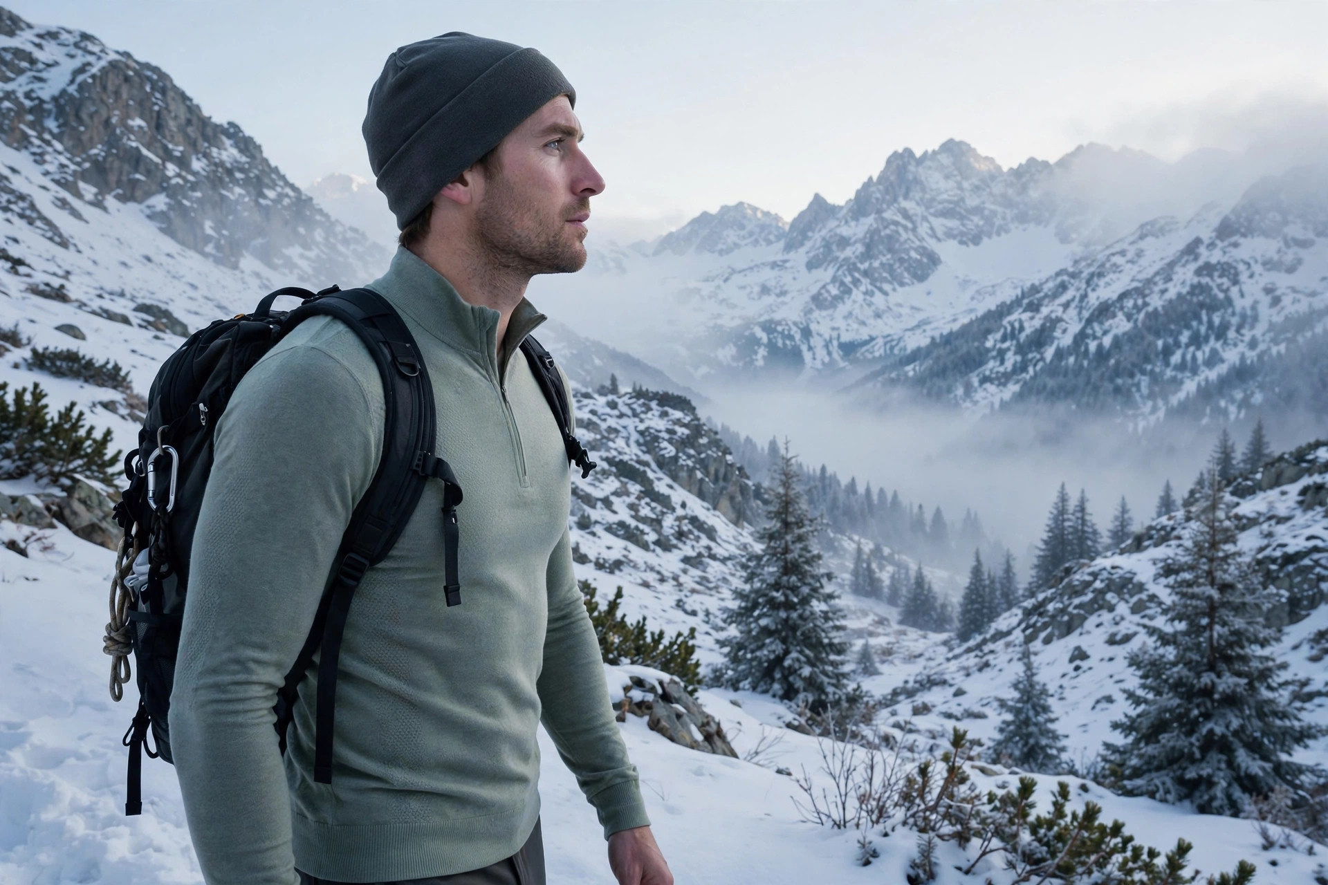 Adult hiker in snowy mountains wearing a fitted base layer top under an open mid-layer