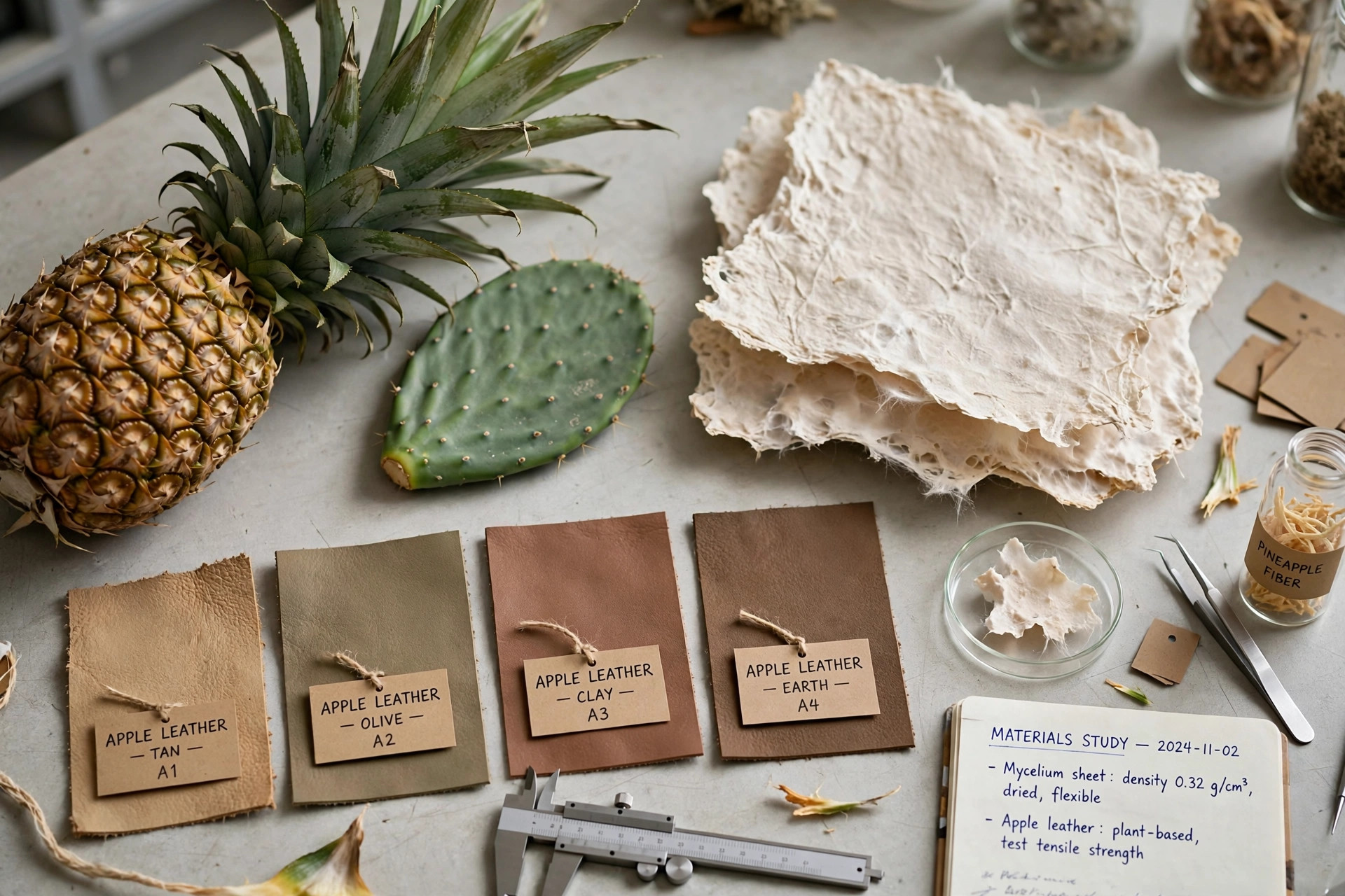 Pineapple leaves, cactus pad, mycelium sheets, and apple-based leather swatches arranged on a laboratory table