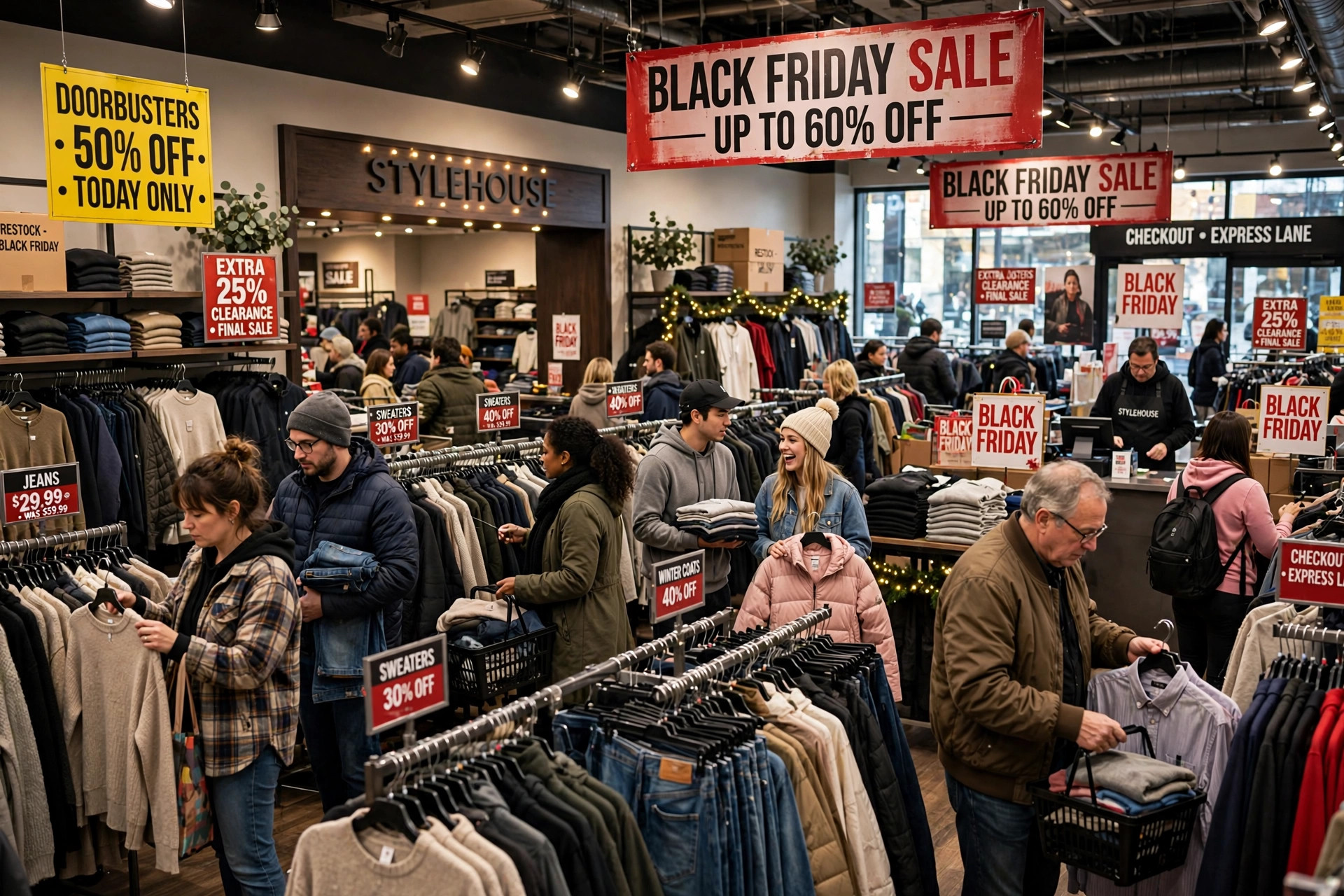 Shoppers browsing clothing racks during Black Friday sales
