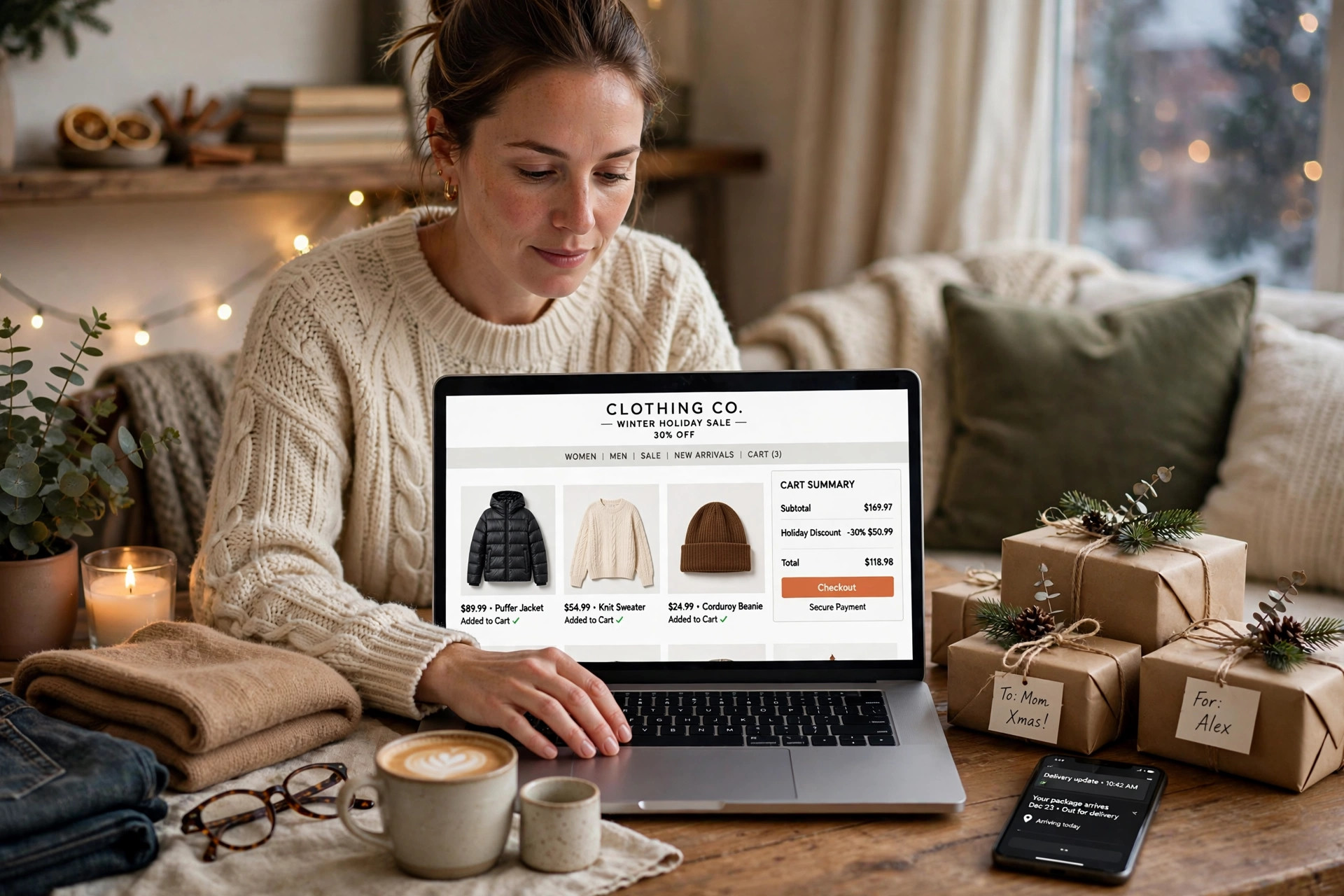 Holiday online shopping for clothing on a laptop