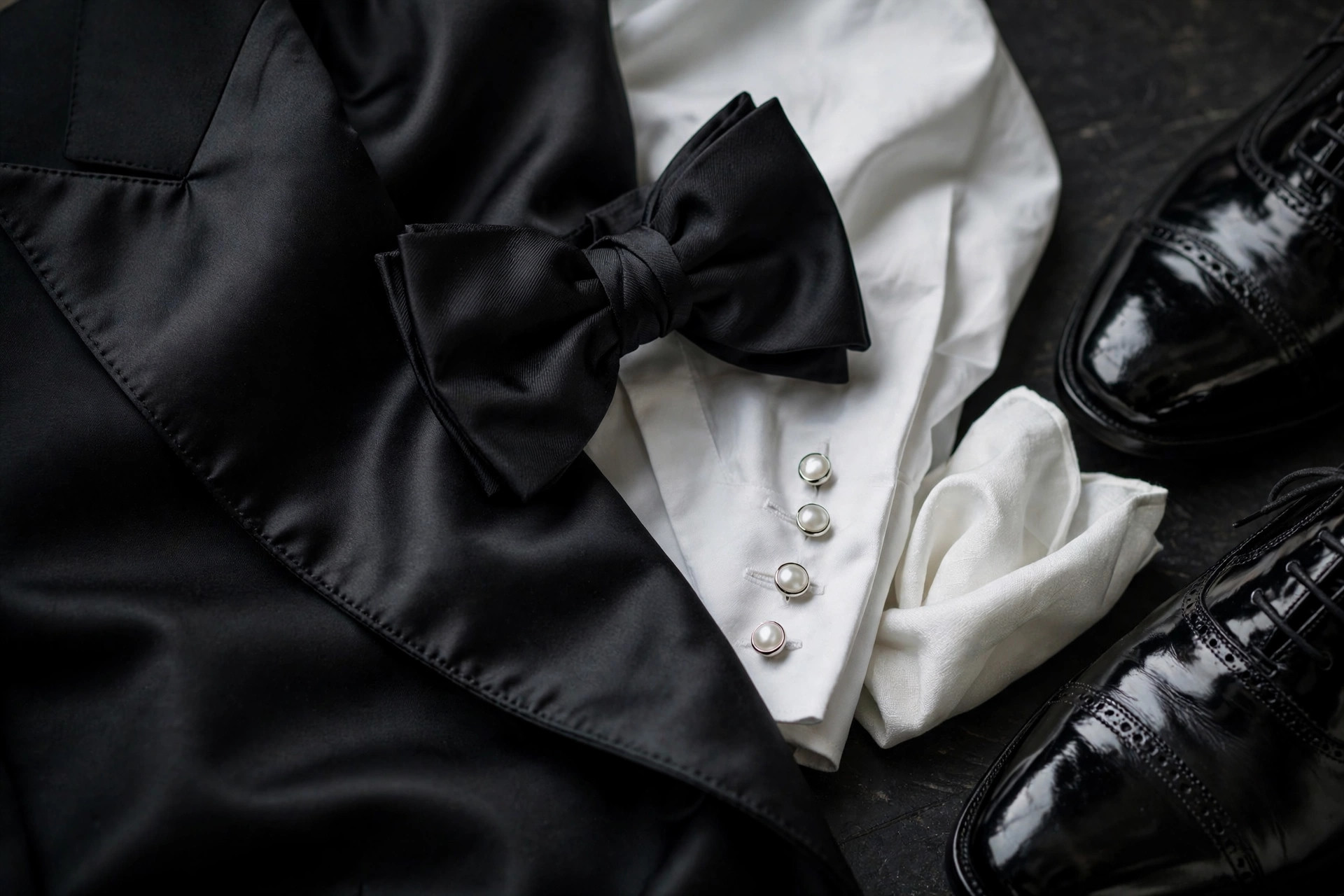 Close-up of a tuxedo's satin lapel, black bow tie and white pocket square beside black patent leather shoes