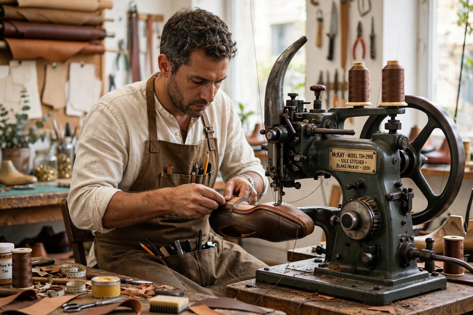 A sleek Italian leather dress shoe being Blake stitched on a McKay machine, showing the close-cut sole and slim profile