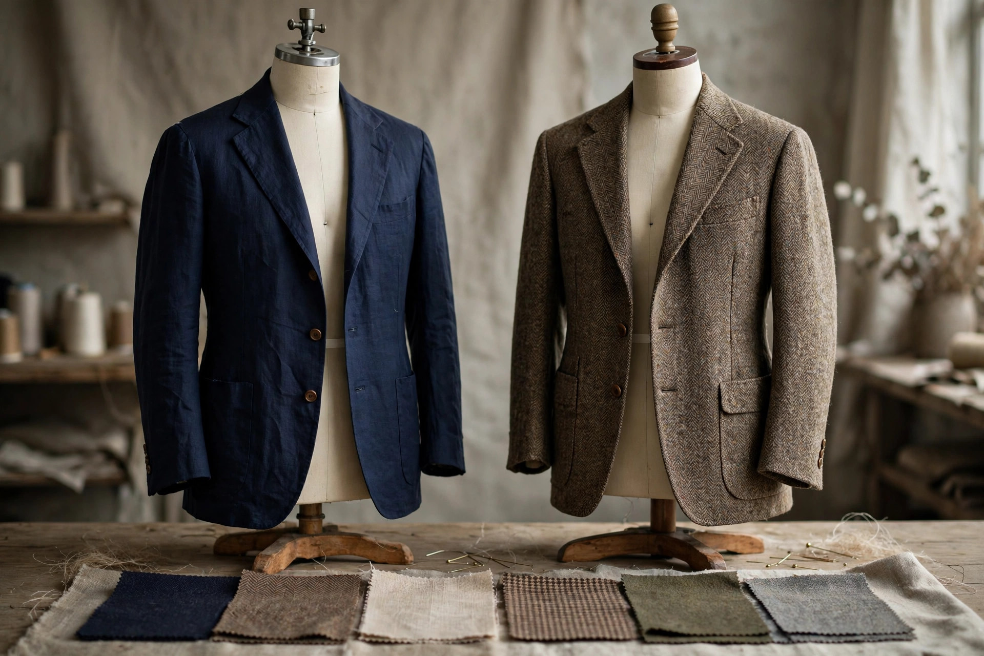 Navy unstructured blazer on one tailor's form beside a textured tweed sport coat on another, with fabric swatches below