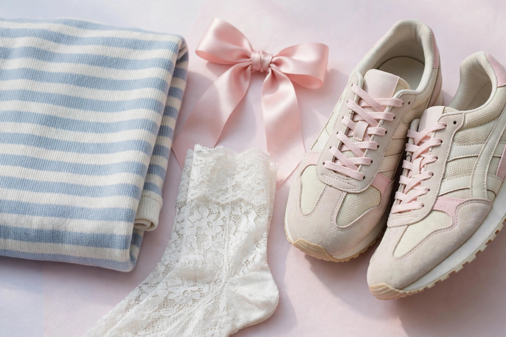 Folded striped sports jersey beside a pink satin ribbon bow, lace socks and retro trainers arranged on a pastel background