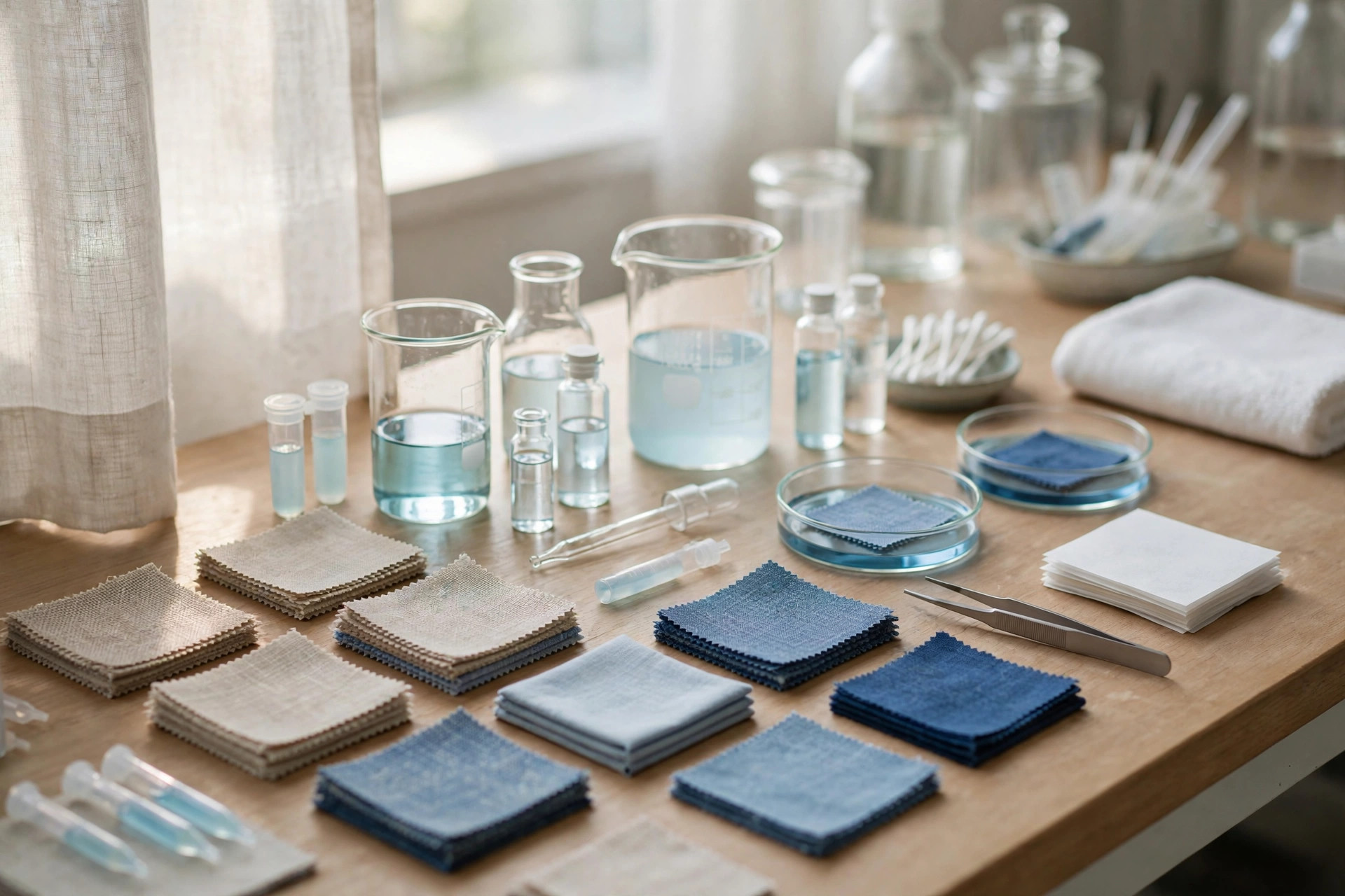 Textile mill laboratory testing approved fabric samples and chemical inputs for bluesign compliance