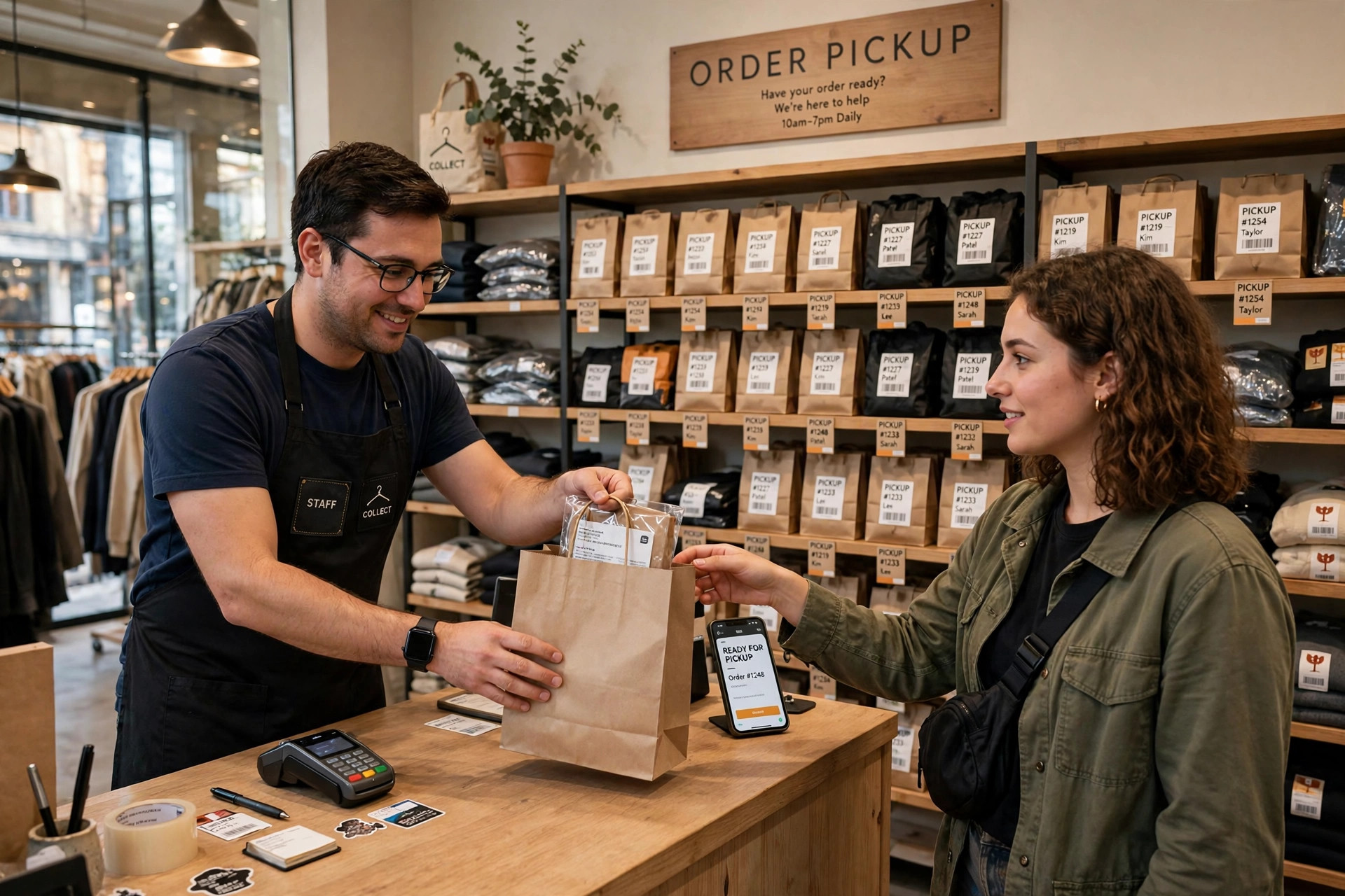 Clothing store pickup counter where staff hand a packaged online order to a customer, with shelves of ready orders behind