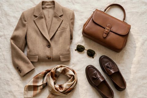 Designer blazer, handbag, sunglasses, scarf and loafers arranged in a flat lay