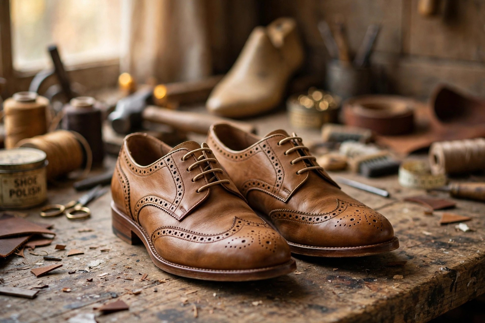 A pair of brown leather brogue shoes with perforated patterns along the toe cap and seams, shown on a wooden floor beside tweed fabric.
