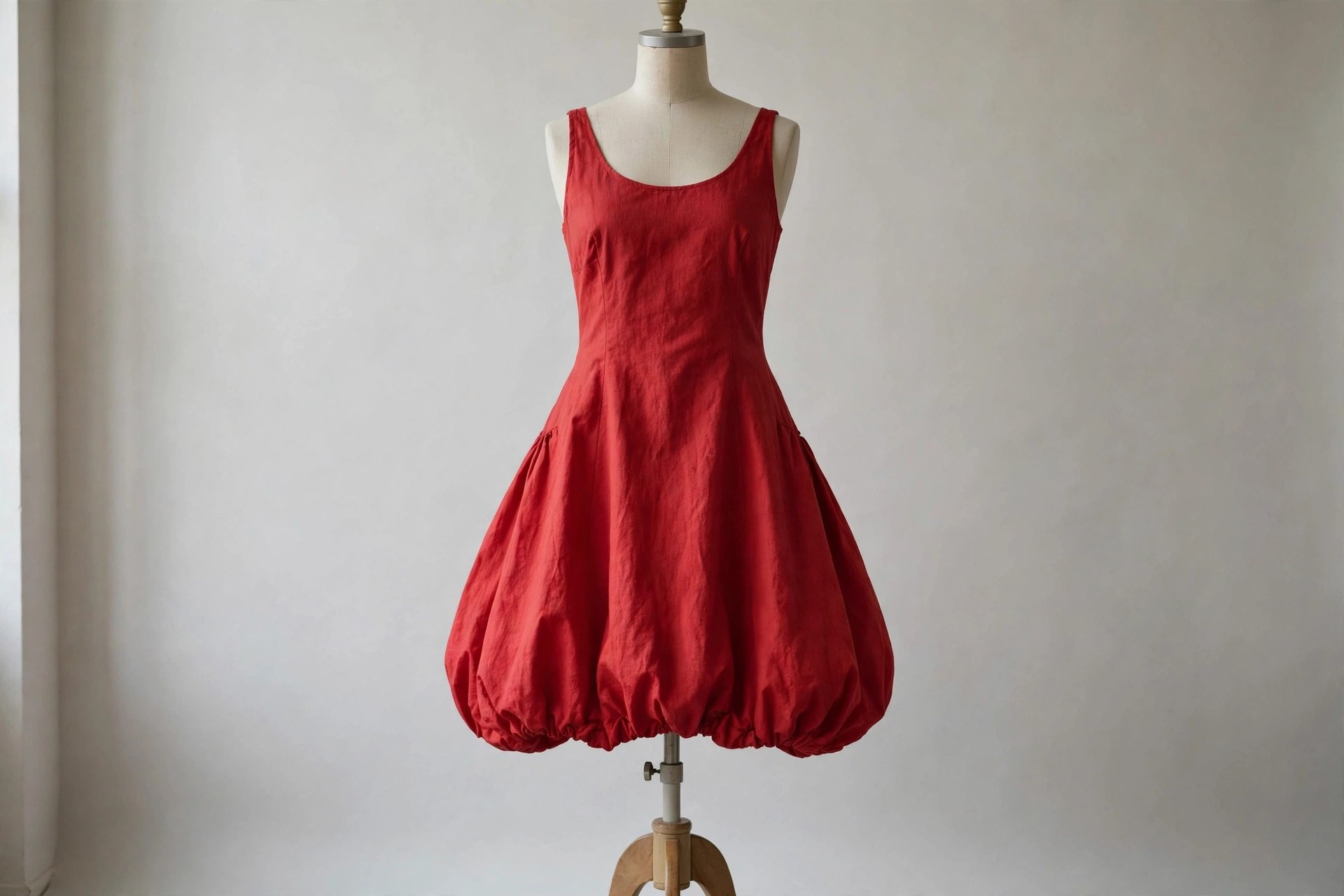 Red bubble-hem dress on a dress form, the skirt finishing in the rounded, poufed hem that defines the style