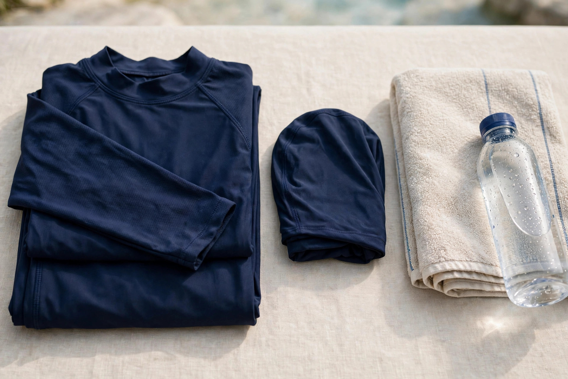 Folded navy burkini swimwear set with its swim hijab cap arranged beside a pool towel and water bottle, showing the quick-dry fabric