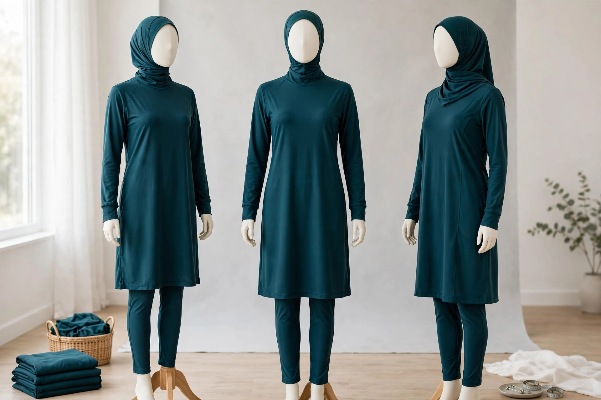 Full-coverage modest burkini swimwear set in deep teal with tunic, swim leggings and swim hijab on dress form mannequins in a studio