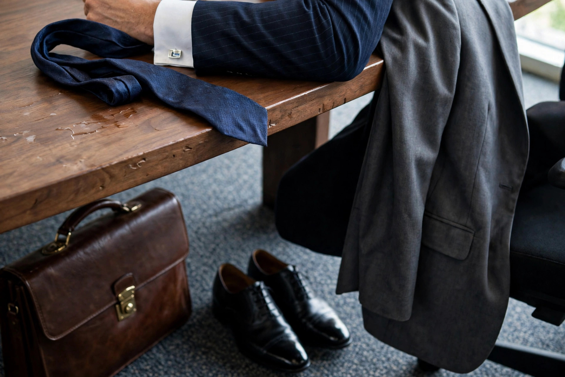 Detail of a navy suit sleeve, silk tie and cufflinks beside a leather briefcase in a boardroom