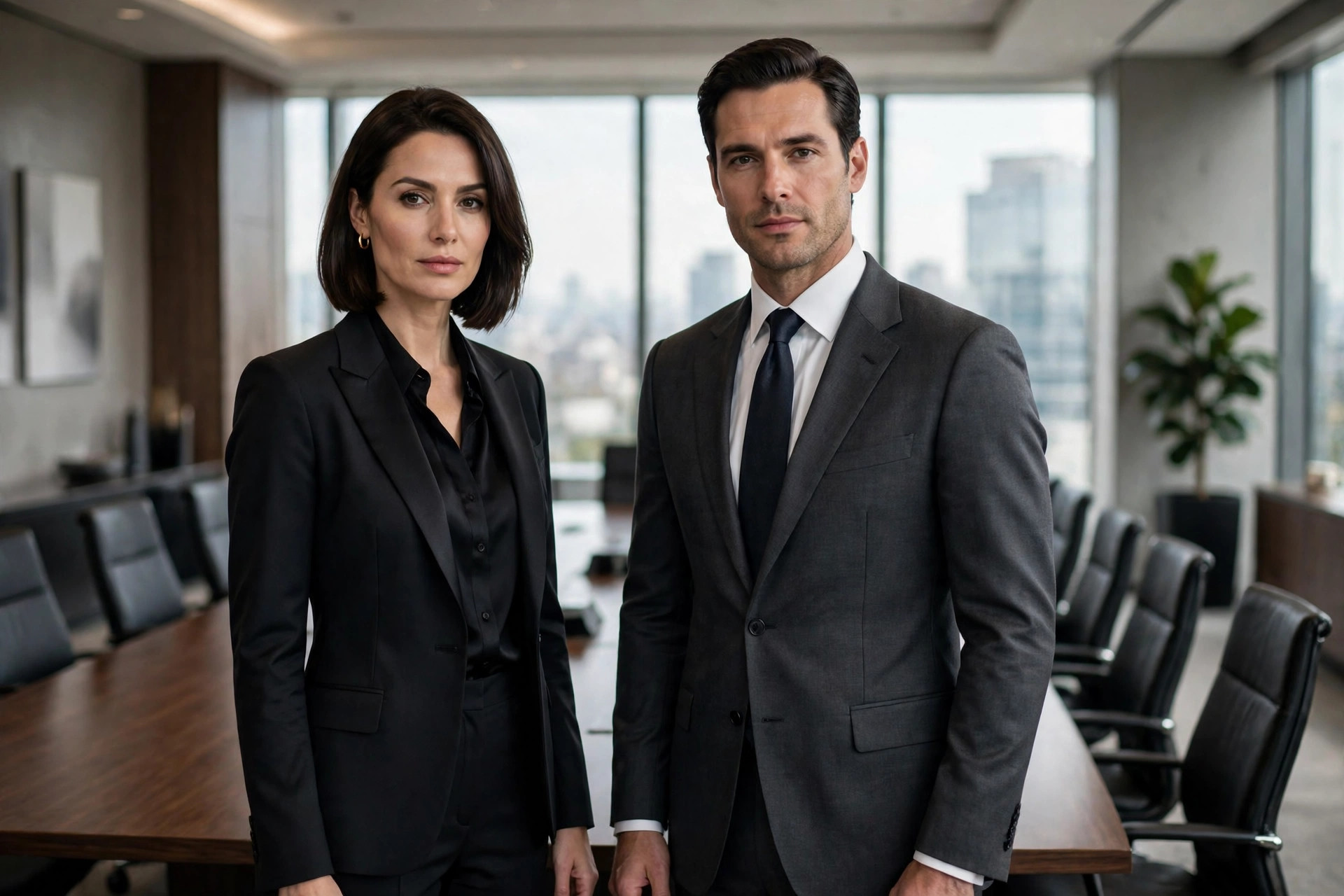 Business professionals in dark tailored suits in a corporate boardroom