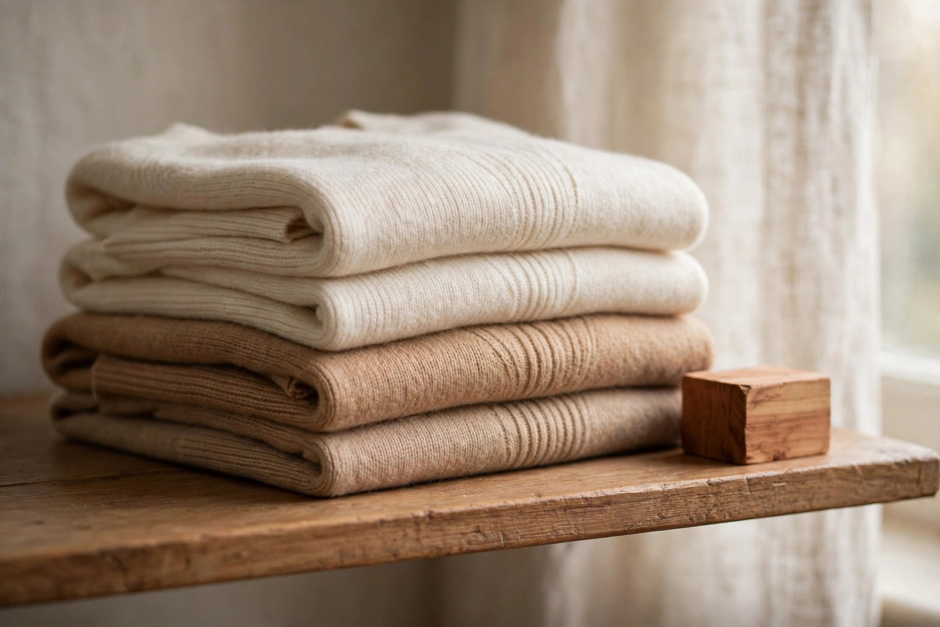 Folded cream and camel cashmere sweaters stacked neatly on a wooden shelf beside a cedar block