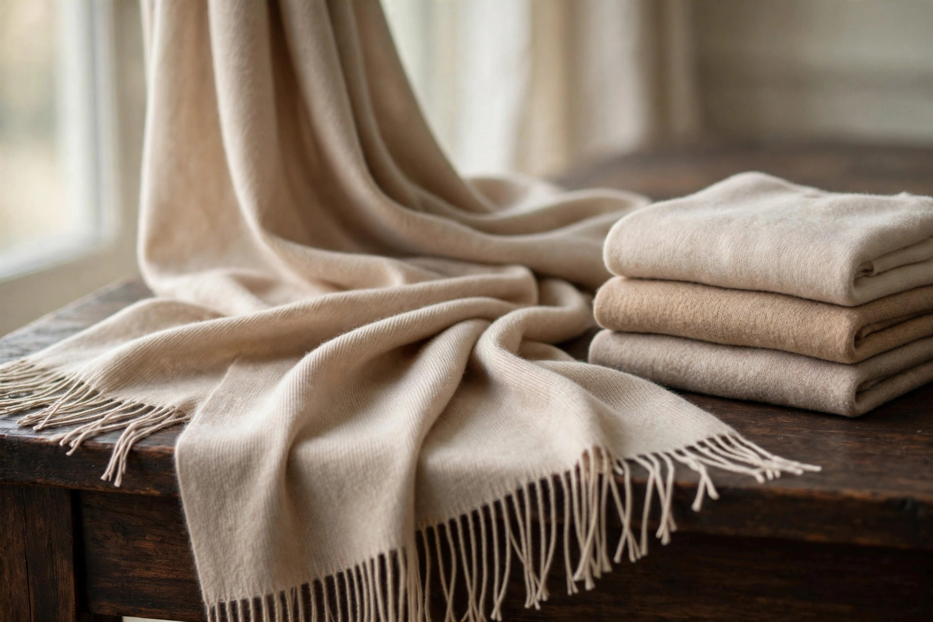 Beige cashmere scarf with fine fringe draped on a dark wooden surface in soft light