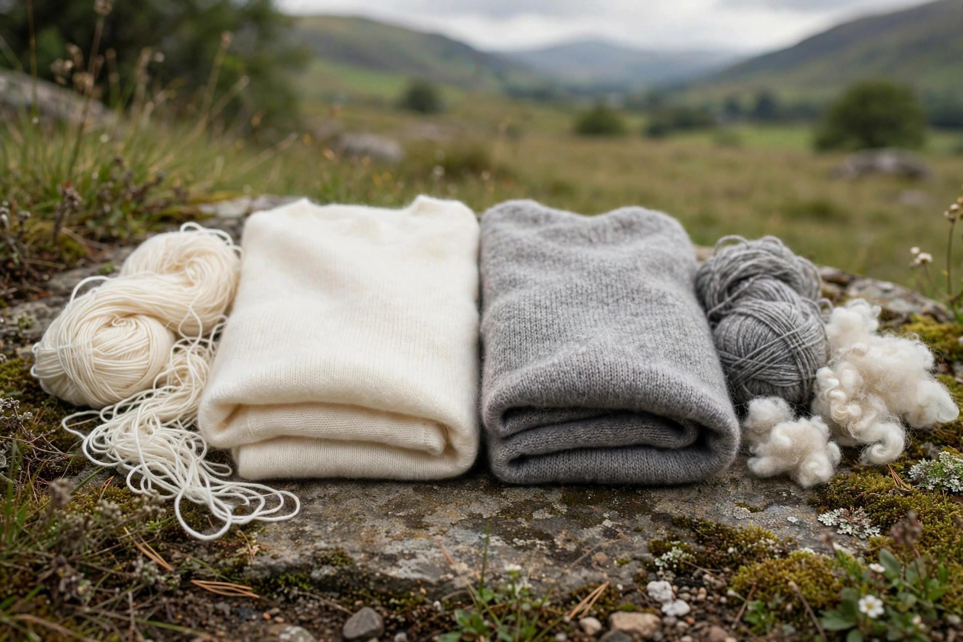 Folded ivory cashmere sweater with cashmere yarn beside a folded grey merino sweater with merino yarn and raw wool