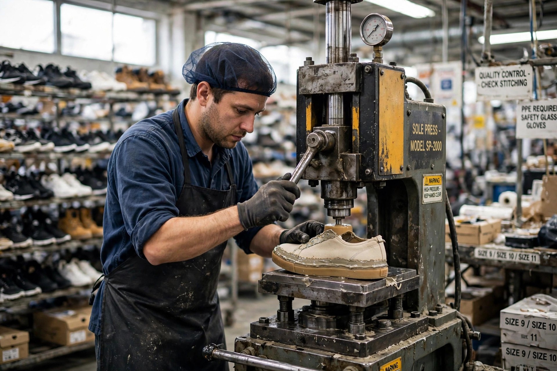 A factory worker pressing a shoe sole onto an upper in a sole press, with adhesive bonding the sole to the upper