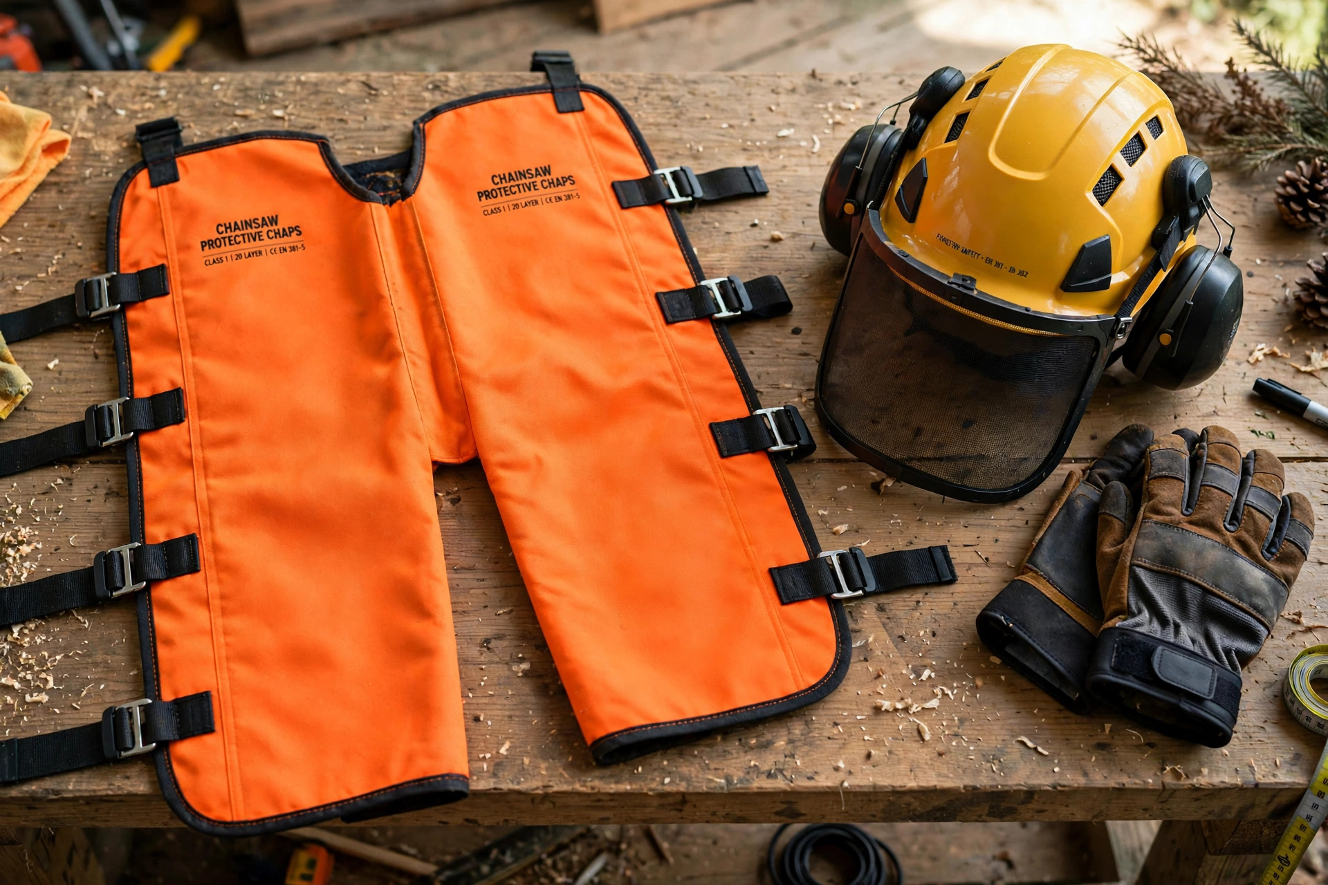 Orange chainsaw protective chaps with straps laid out with a helmet, ear protection and work gloves