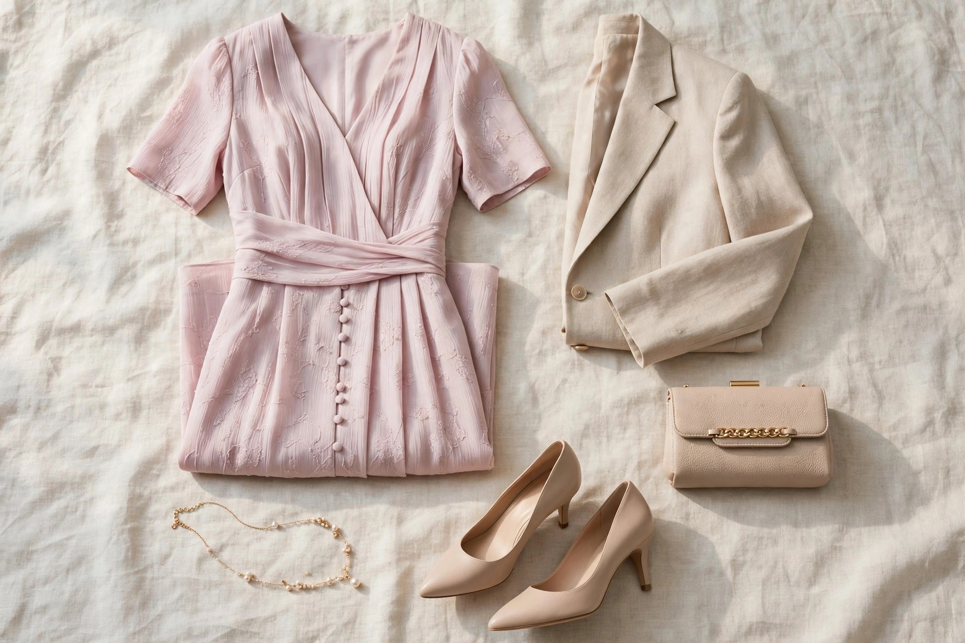 Flat lay of adult christening outfit pieces: a pastel pink dress, a light beige blazer, nude heels, a delicate necklace and a small clutch bag