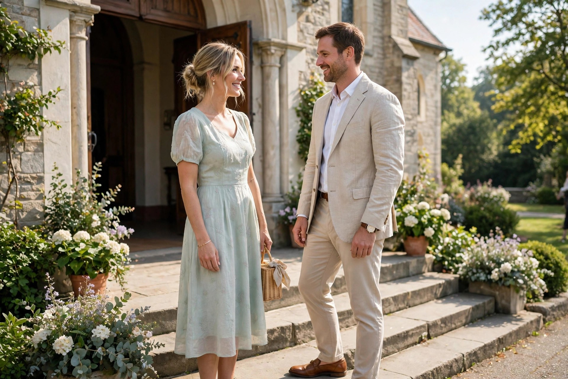 Adult christening guests in elegant outfits, a woman in a pastel midi dress and a man in a light blazer, outside a church on a sunny morning