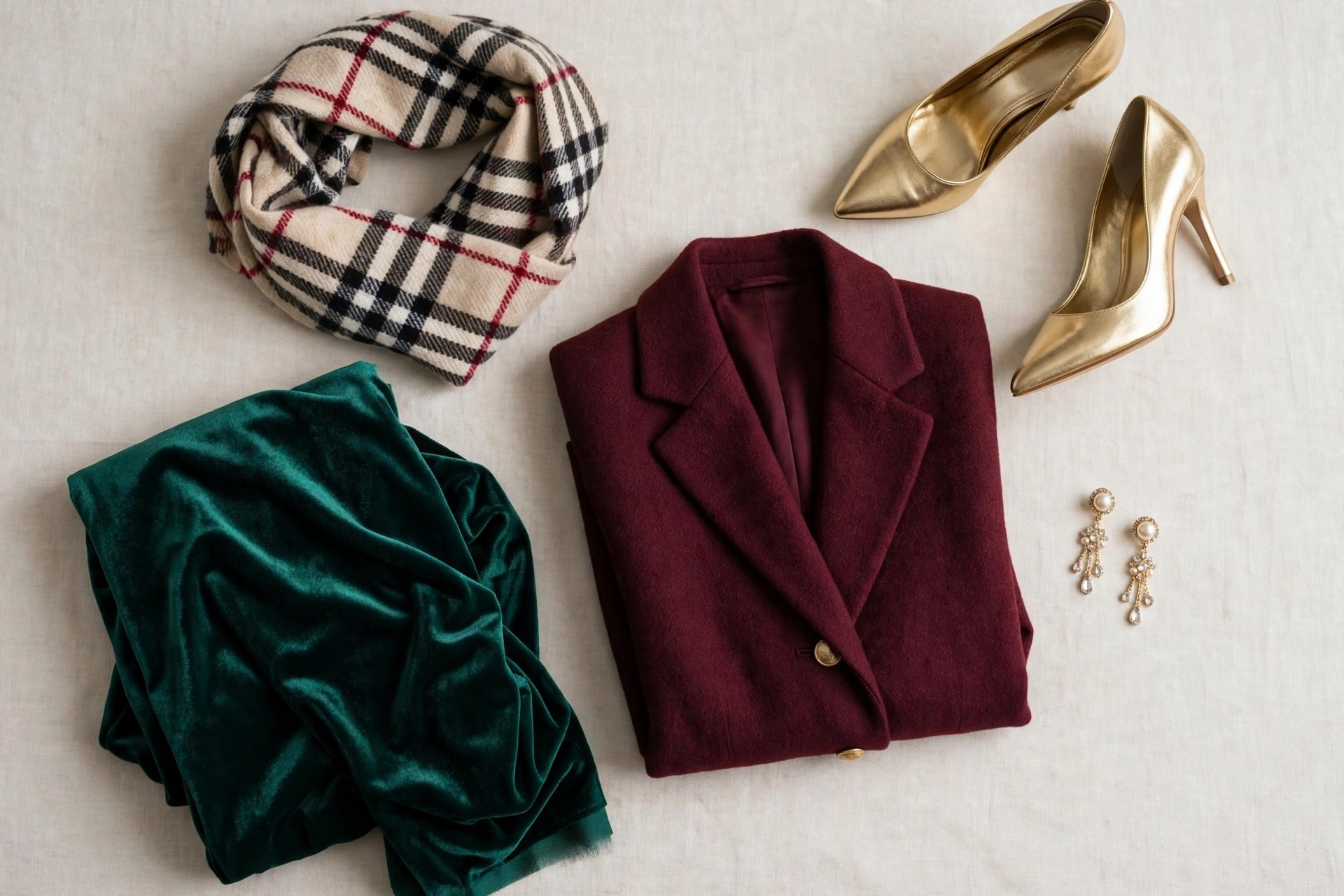 Flat lay of Christmas party outfit pieces: emerald velvet fabric, gold heels, a burgundy blazer, a plaid scarf and elegant earrings