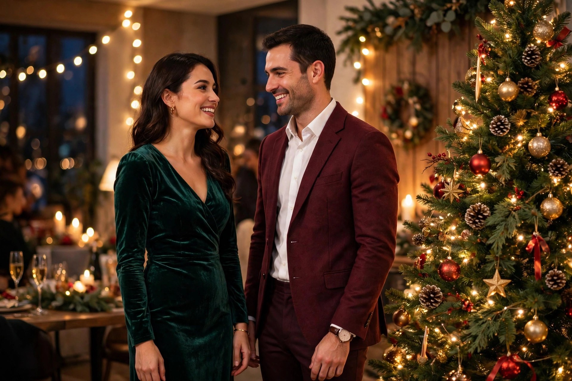 A man and woman in festive Christmas party outfits, an emerald velvet dress and a burgundy blazer, beside a decorated Christmas tree